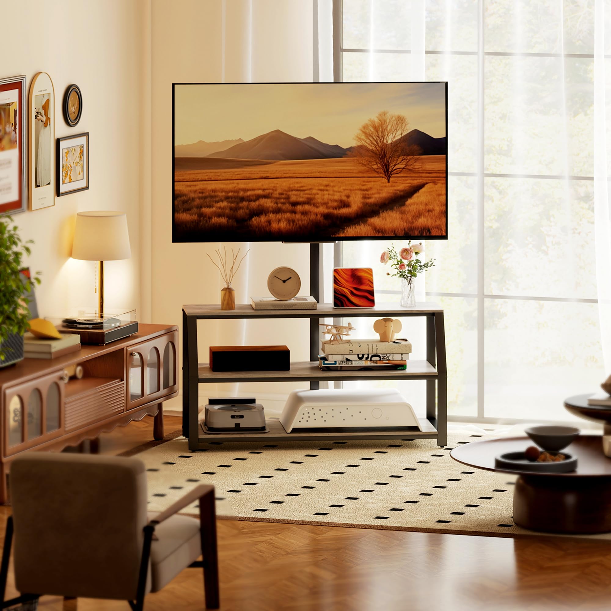 HOMCOM Meuble TV 110 cm avec Support pour Téléviseurs 72 Pouces, Gris | Meuble Télé, 2 Étagères Ouvertes, Cadre en Métal, Banc TV, pour Salon, Chambre