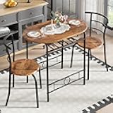 VECELO 3-Piece Dining Table Set for Kitchen Breakfast Nook, Wood Grain Oval Tabletop and Metal Frame with Built-in Wine Rack, for Small Spaces, Antique Brown & Black