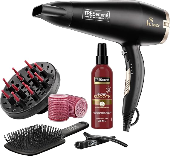 TRESemméTRESemme Keratin Smooth 2200W Volume Shine Hair Dryer Gift Set, Diffuser Dryer, Paddle Brush, Hair Rollers, Ionic Conditioning & Defined Curls Curling Tong, Black, 16 millimetersTRESemmé