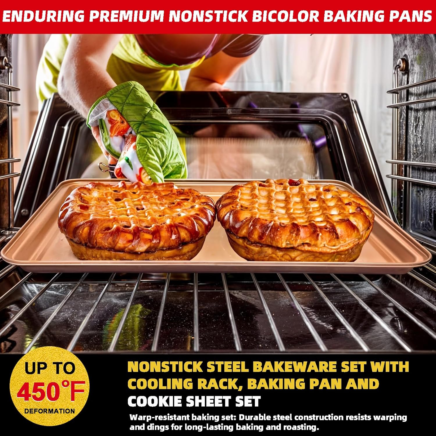 10-Piece Nonstick Baking Pans Set, Includes Cookie Sheet, Muffin Tray, Bread Pan, Cake Pan, Loaf & Roasting Pans, Golden Baking Set