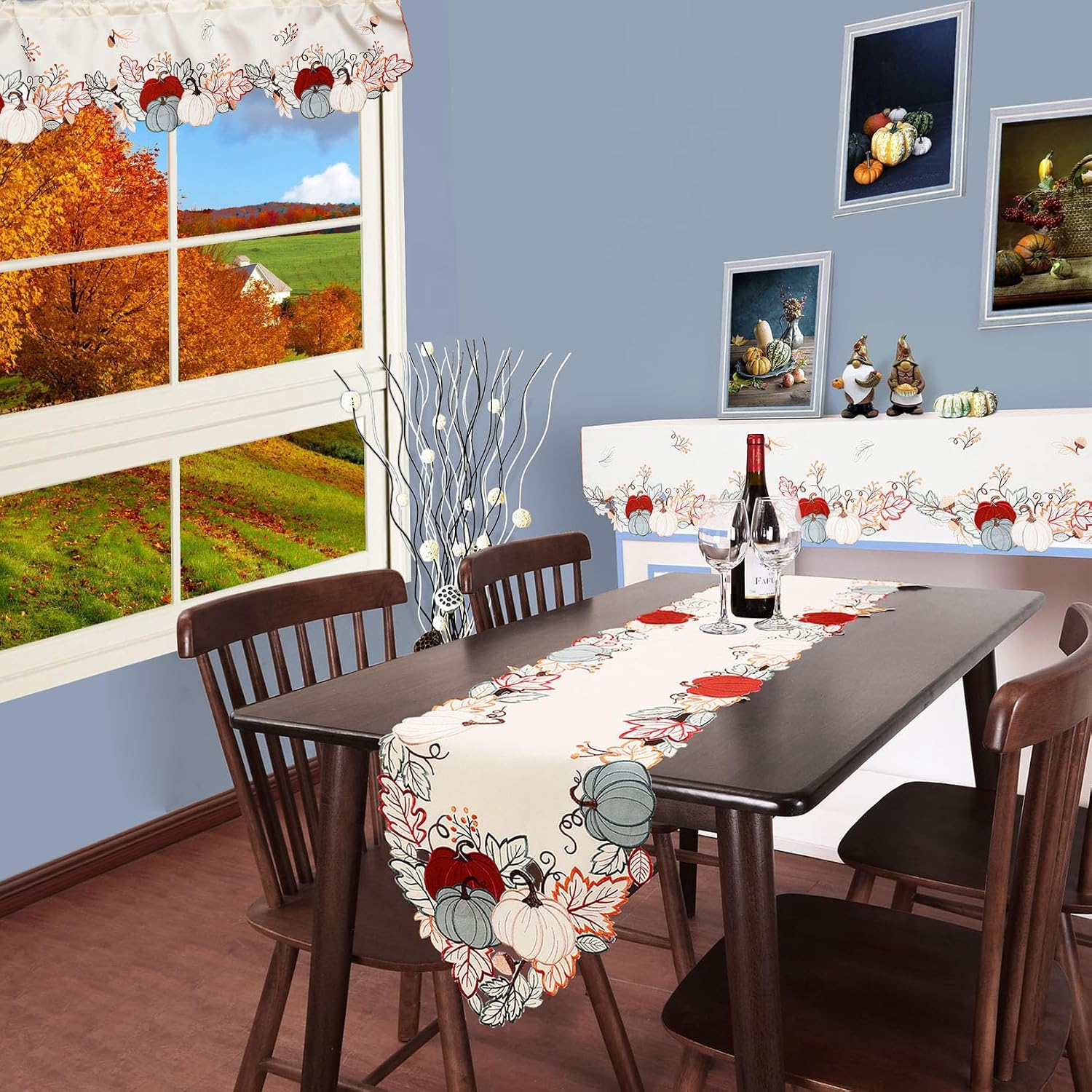 Grelucgo Embroidered Fall Autumn Thanksgiving Kitchen Window Rod Pocket Swag and Tiers Curtain Set (Pumpkins)