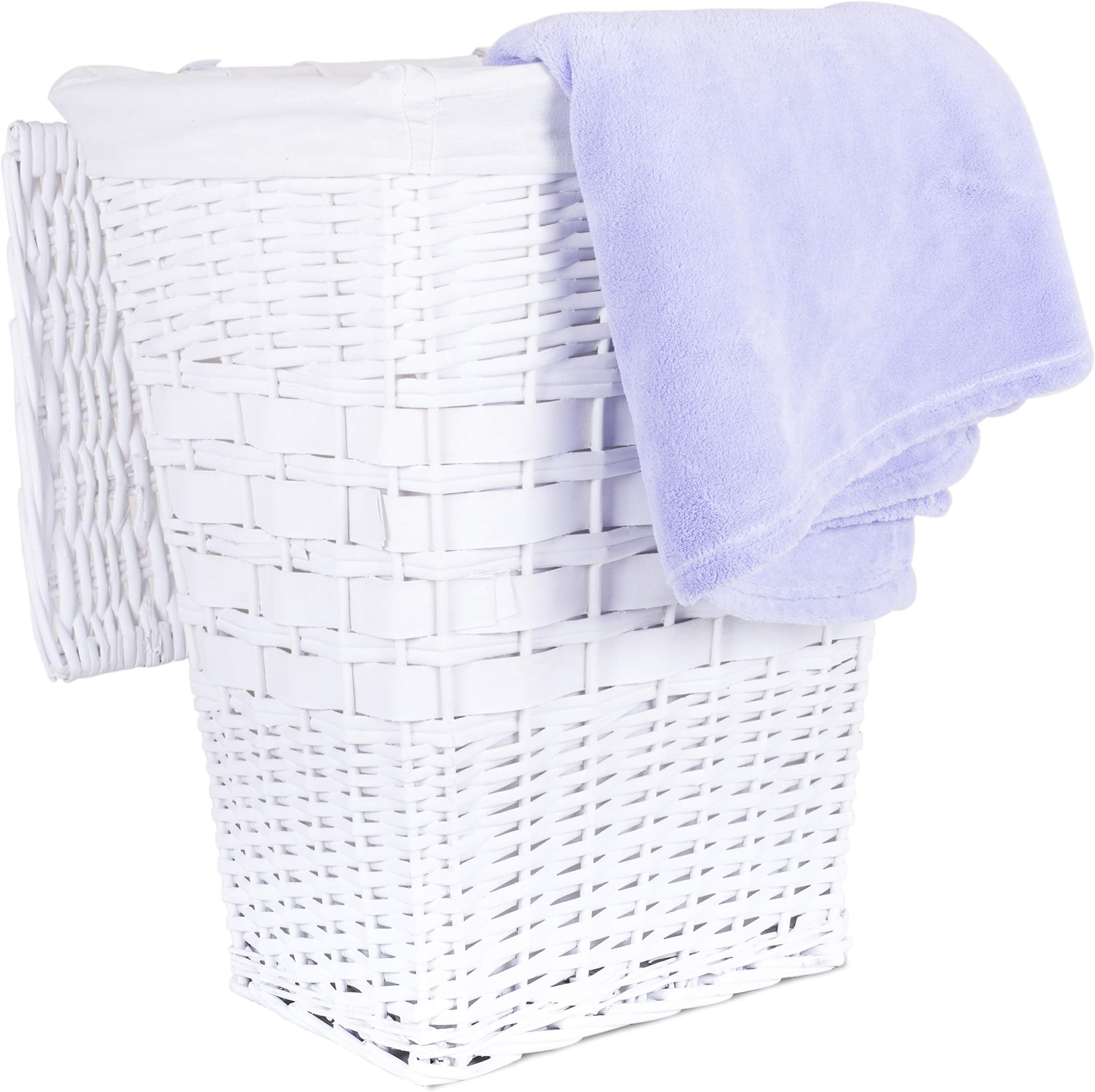 Rectangle White Matt Wicker Laundry Basket Cotton Lining With Lid