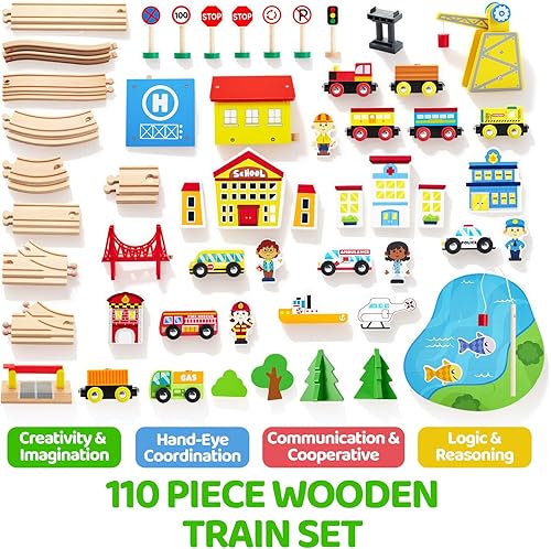 Miniatura 3 de Juego de tren de madera de 110 piezas, trenes magnéticos de juguete con pista de madera para niños de 3 a 8 años, juego de ferrocarril de escena de