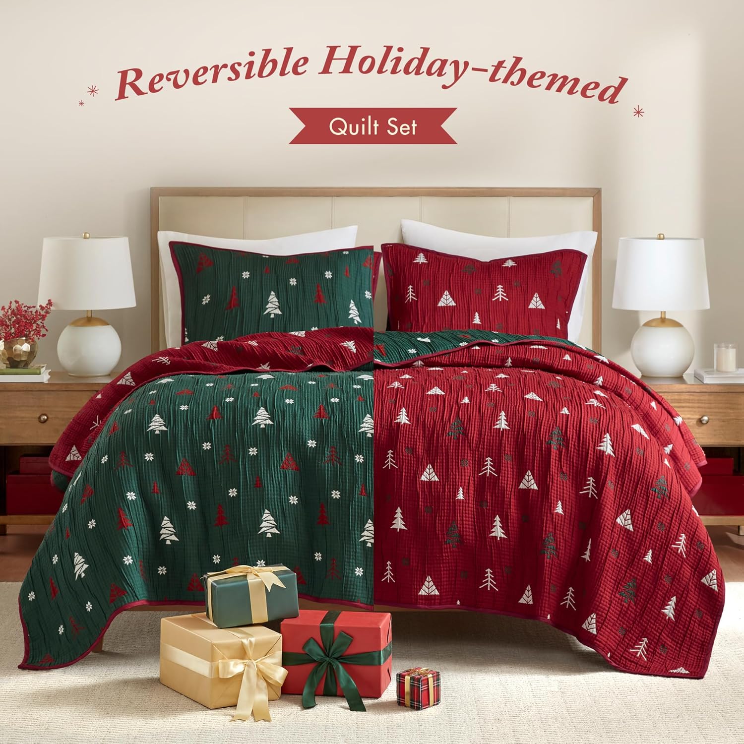 Madison Park Christmas Coverlet Set Festive Jacquard Design, 3 Piece Set - All Season, Reversible Bedspread Lightweight Bedding Layer, Shams, Queen, Red/Green