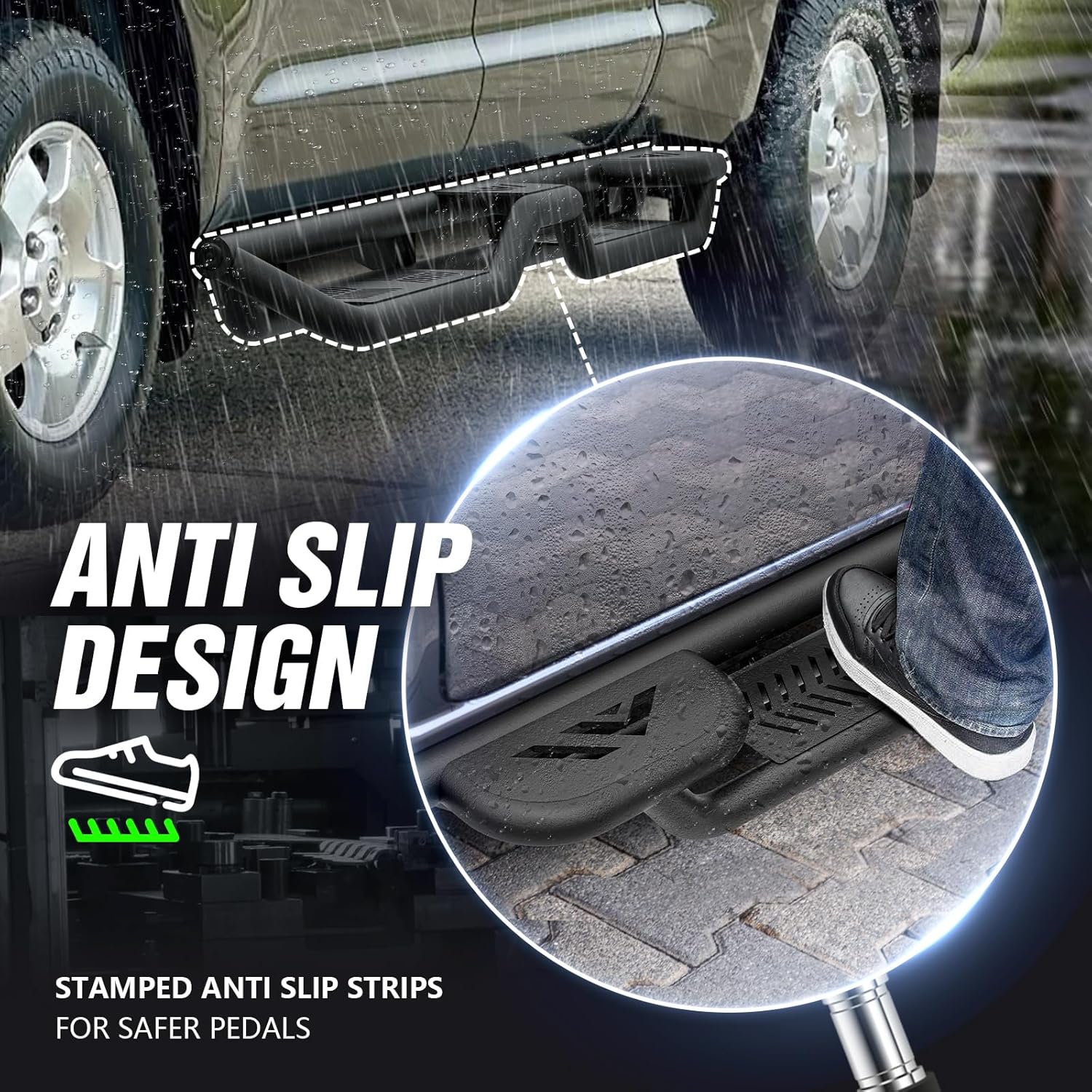 Two Raised Steps Double Cab Running Boards Compatible with 2007-2021 Toyota Tundra DoubleCab (2 Half-Size Rear Doors) Side Steps, Two Stair Design Style Black Truck Side Rails Nerf Bars