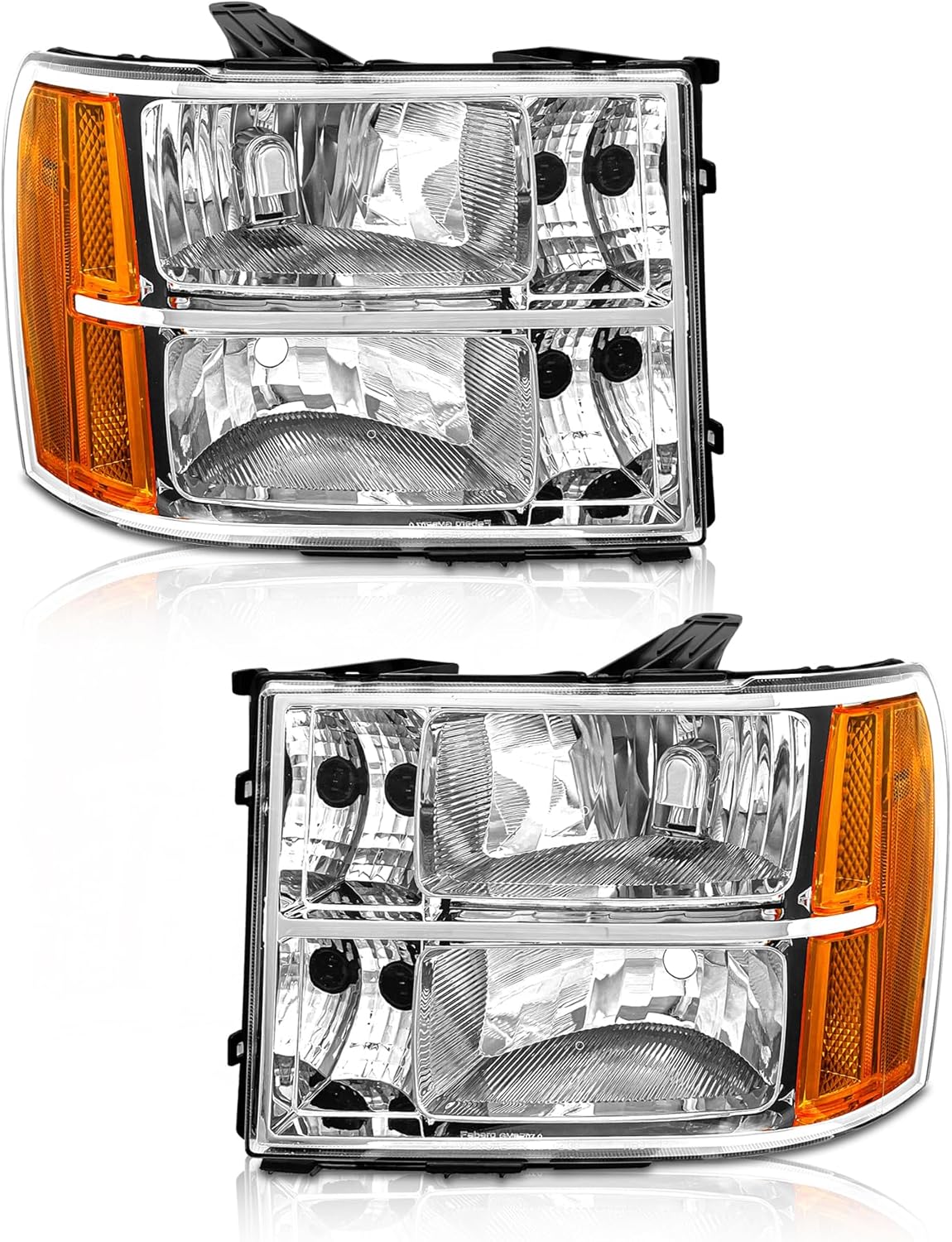 Headlights Assembly for 2007-2013 GMC Sierra 1500 | 2007-2014 Sierra 2500HD/3500HD Sierra Chrome Housing Amber Reflector Headlamp Replacement Pair (Bulbs Not included)