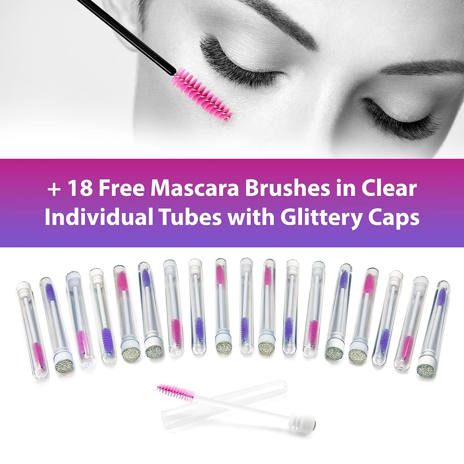 Eyelash Shampoo for Lash Extensions - Pack of 18 Lash Cleanser with Retail Display and 18 Disposable Mascara Brushes in Tubes with Glittery Caps