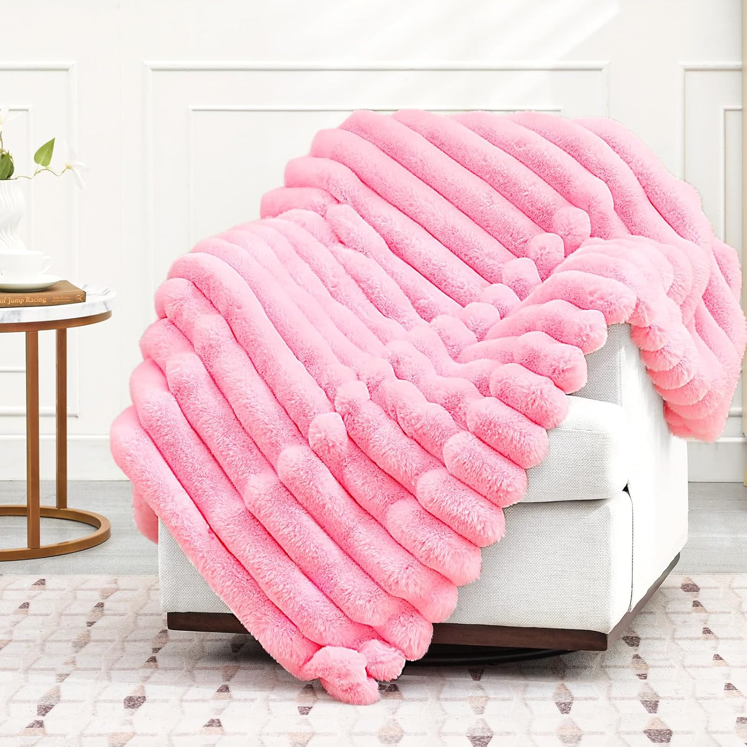 Faux Fur Throw Blanket for Couch, 850GSM Cozy Soft Plush Thick Striped Luxury Blanket for Sofa Living Room Bedroom,50 * 60 Inches, Pink - Image 7