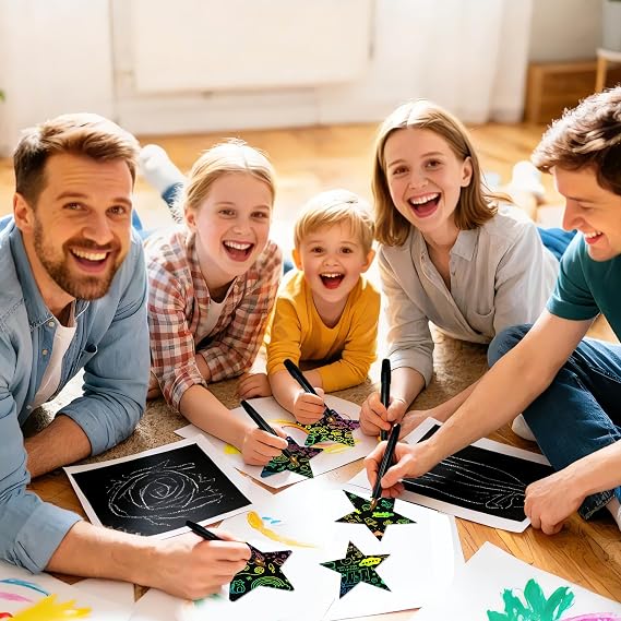 24PCS Scratch Art Kit, Rainbow Scratch Paper, DIY Scratch Art Set with Cards and Stylus, Party Bag Fillers and Party Favors for Classroom, Home, Travel, Creative Star Designs and Drawing Activities