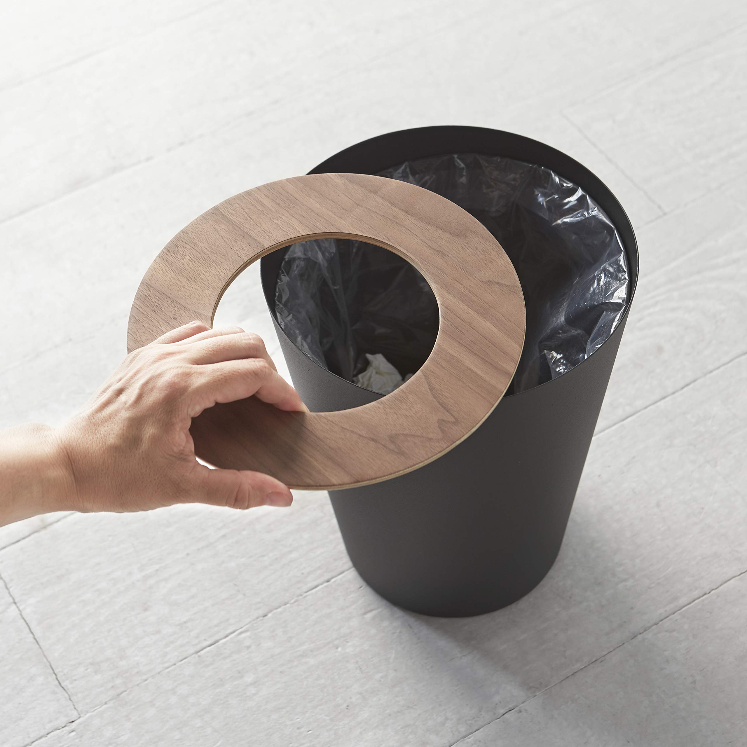 YAMAZAKI 3197 RIN Trash Can Round, black, Steel/Wood, 23 x 23 x 28 cm
