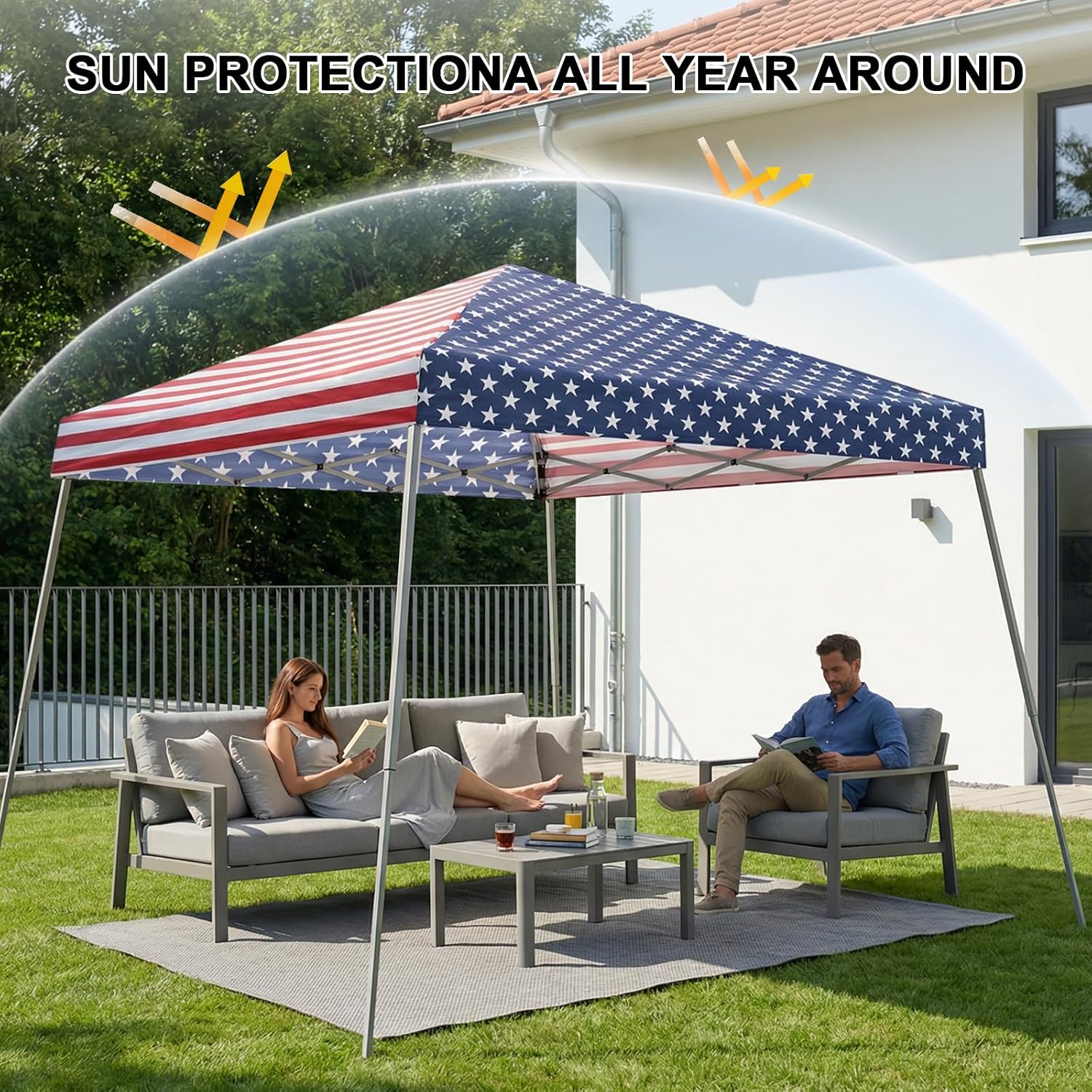 Canopy Tent, 10x10 Outdoor Canopies Slant Legs with Carrying Bag, Canopy Tent Sun Shade for Beach, Deck, Backyard, Garden, Patio (American Flag)