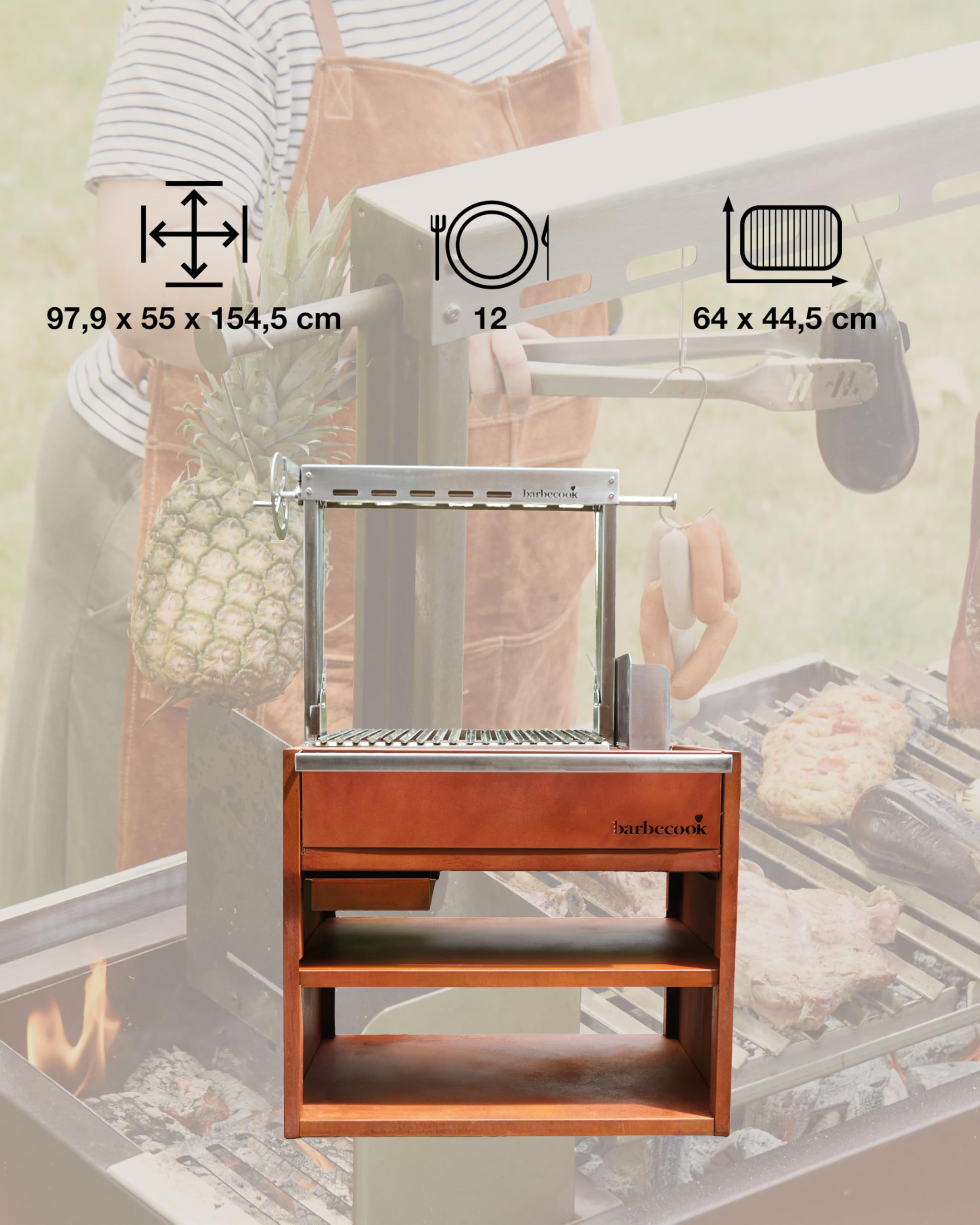 Barbecook barbecue bois Pedro en acier corten et inox, barbecue à bois robuste pour cuisiner en plein air, 98×55×154.5cm