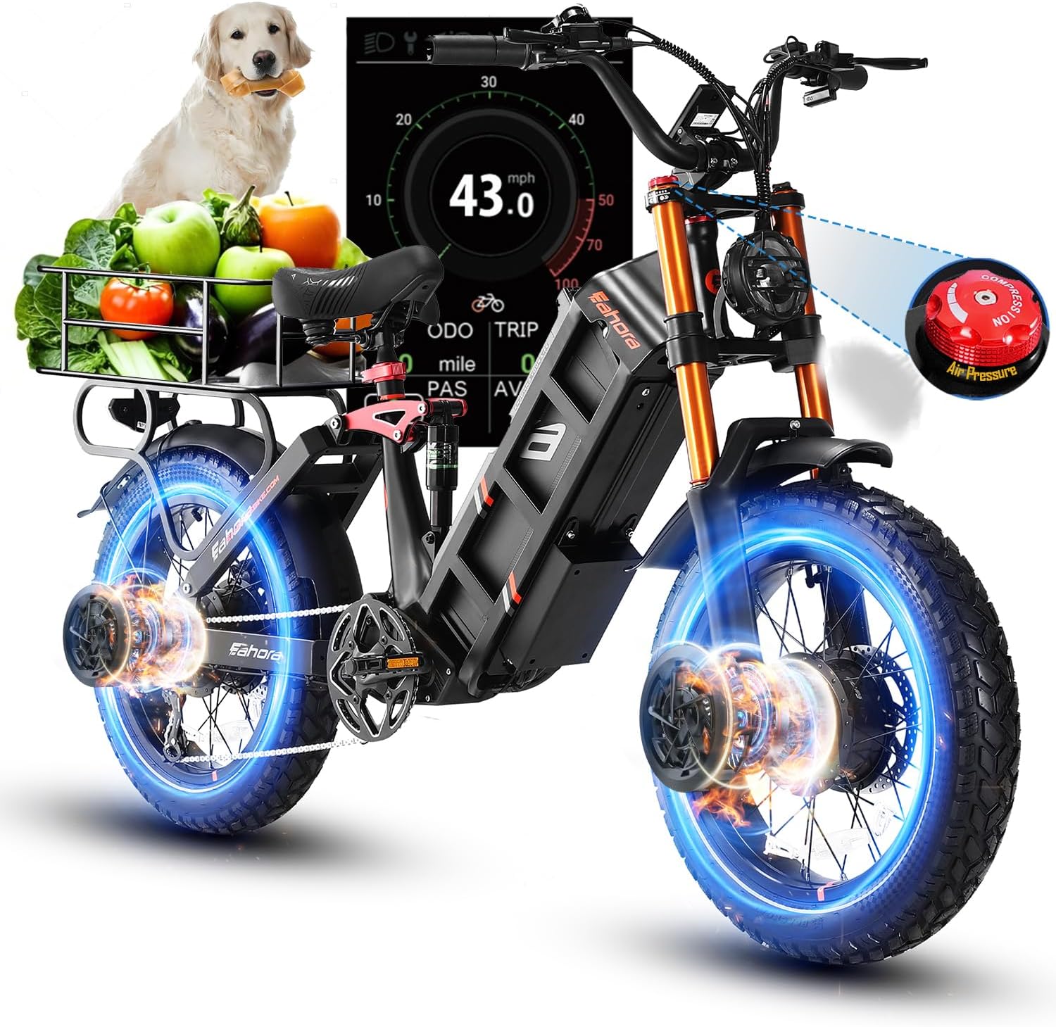 eAhora Juliet Pro II Electric Bike for Adults Peak 5200W Dual Motor Electric Bike Up to 43MPH, 70AH/60AH 220+Miles Long Range Ebike, 20" Fat Tire Full Suspension Electric Bicycle for Commute, UL2849