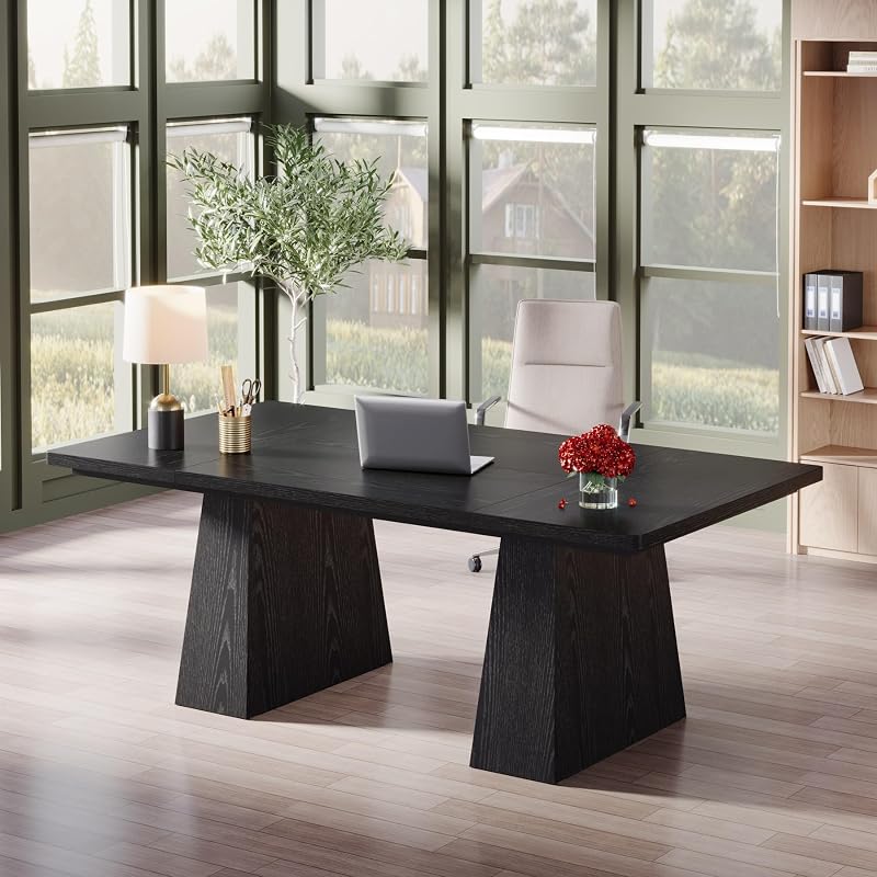 Tribesigns 63-Inch Executive Desk, Large Office Computer Desk with Double Pedestal, Modern Simple Workstations Writing Table Conference Table Business Furniture for Home Office, Black image 5