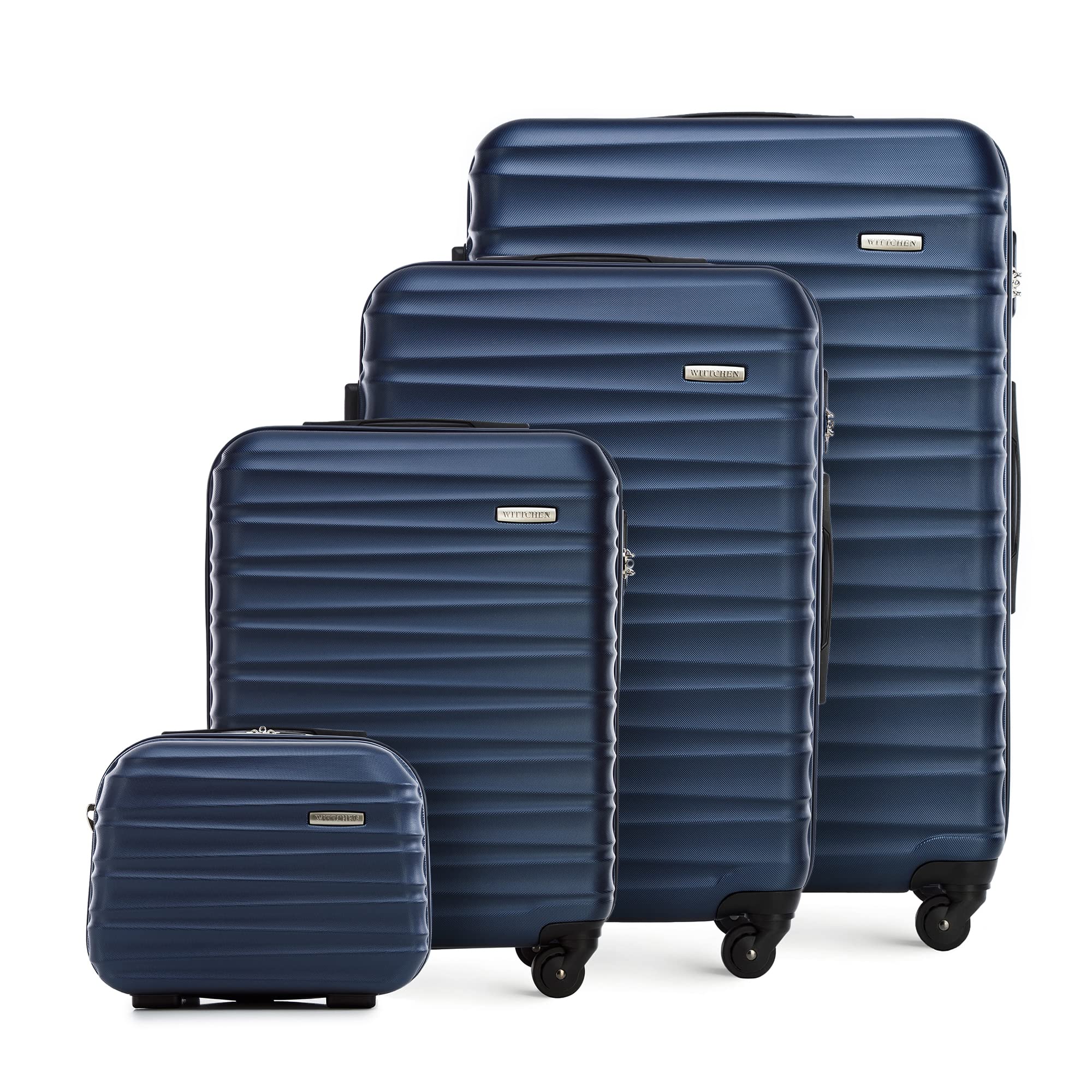 WITTCHEN set di 4 valigie con custodia per cosmetici trolley bagaglio a mano ABS 4 ruote spinner chiusura a combinazione maniglia telescopica Groove Line blu navy Ryanair/ITA Airways/easyJet