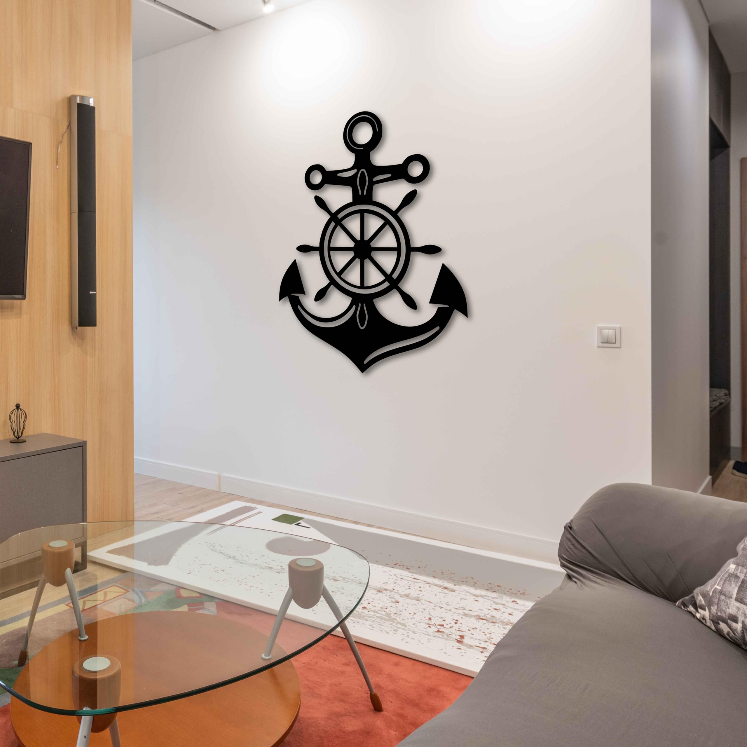 KAWA METALWORKS Anker Metall Wandkunst Dekor mit Schiffsrad nautische Wanddekoration für Wohnzimmer Strandhaus Modern Schwarz Metall Wandbehang Küste Maritim Home Dekoration Matrosen Geschenk