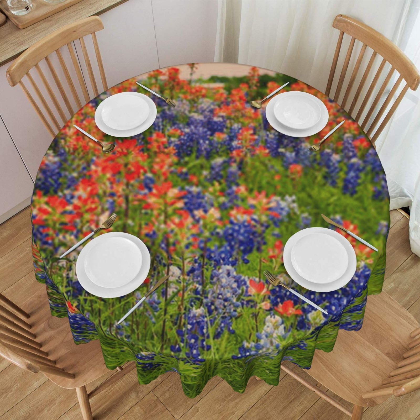 DCEHGEW 60 In Round Tablecloth with Lace, Texas Bluebonnets Scenery Printed Oilproof & Washable Fabric Picnic Table Cloth Table Covers
