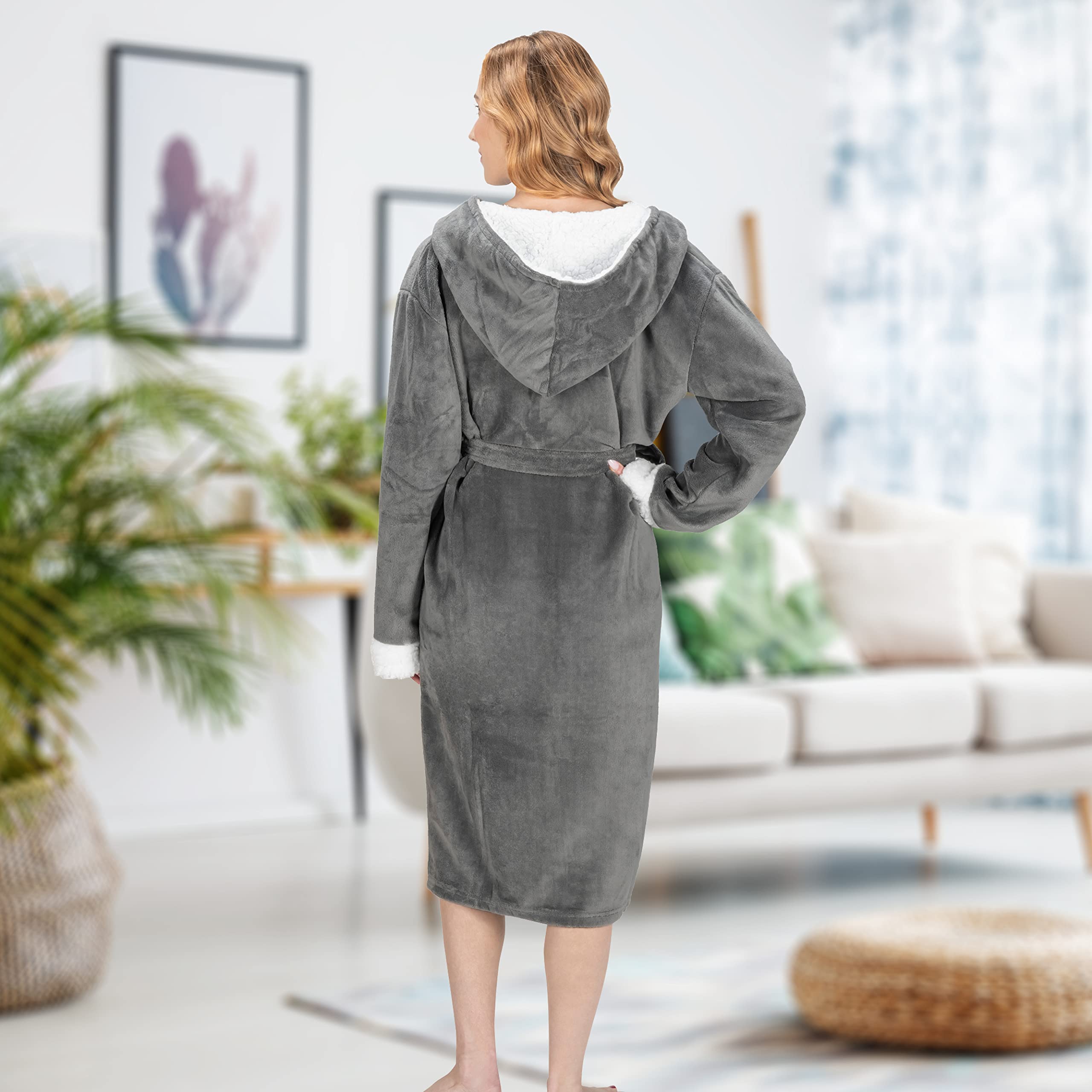 MONHOUSE Womens Dressing Gown - Premium Super Soft & Cosy Long Bathrobe - Ladies Thick Flannel Luxury Housecoat - Warm Fluffy Shearling Sherpa Spa Robe for Her - Dark Grey Sherpa UK 8-10