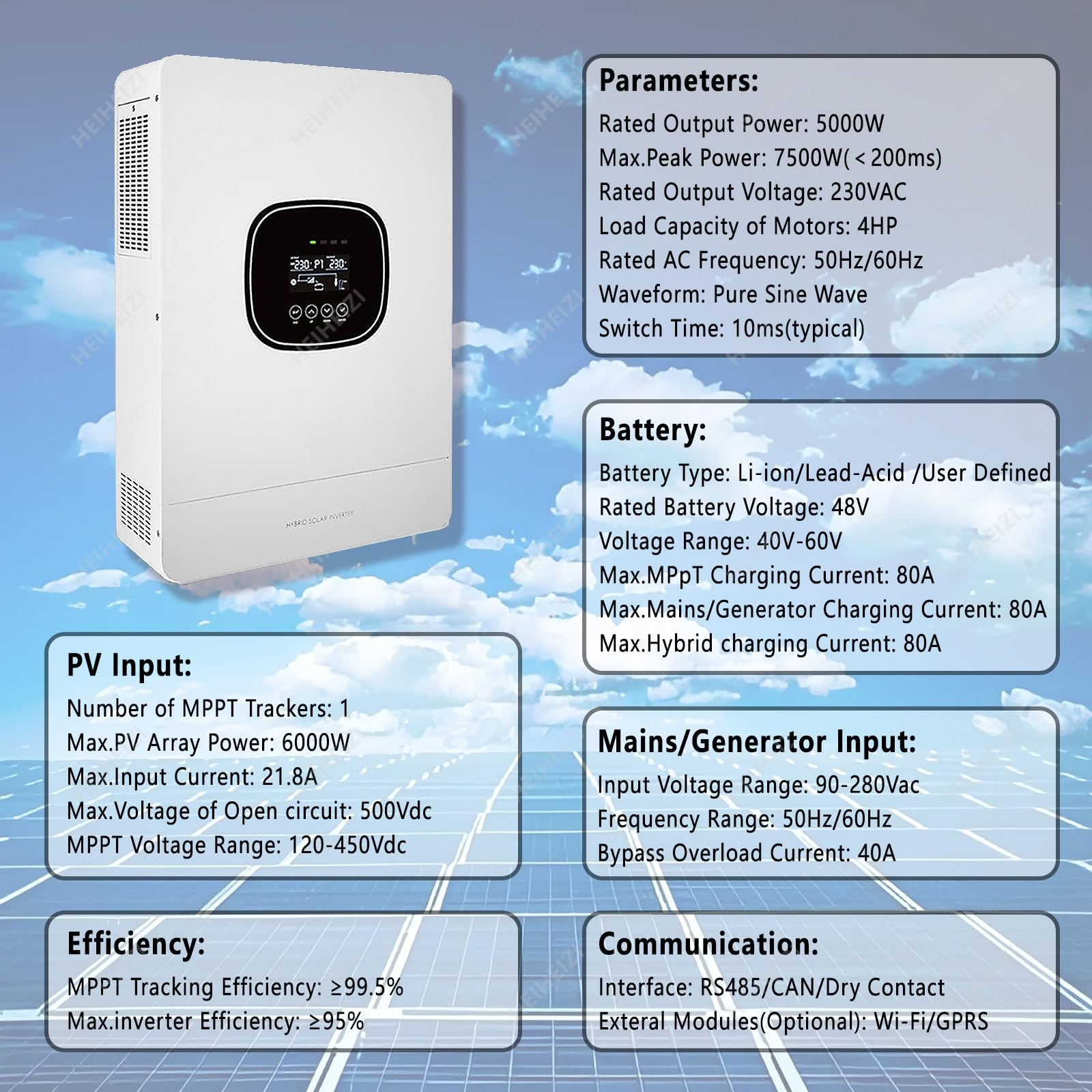 Inverter Ibrido di Nuova Generazione,Inverter Solare 3600W,24VDC a 220VAC,Potenza PV Massima 5000W in Ingresso,con Regolatore di Carica Solare MPPT 100A,Funzione UPS a Commutazione Automatica