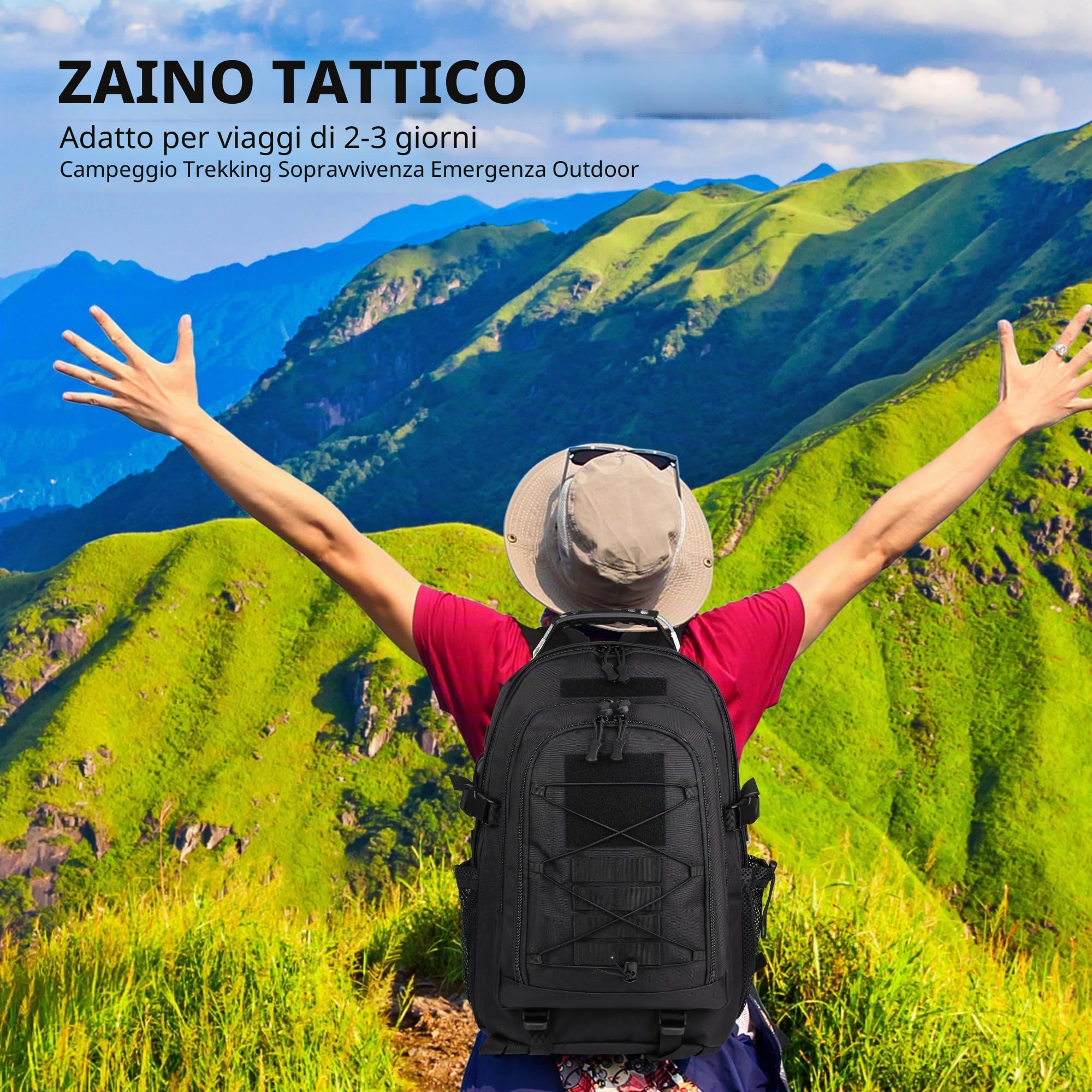 aiGear 35L Zaino Tattico Militare Grande Capacità Impermeabile Nero | Militare Zaino, Borsone da Viaggio per Uomo/Donna, per Sport all'aperto Trekking Escursioni Pesca Palestra Camping