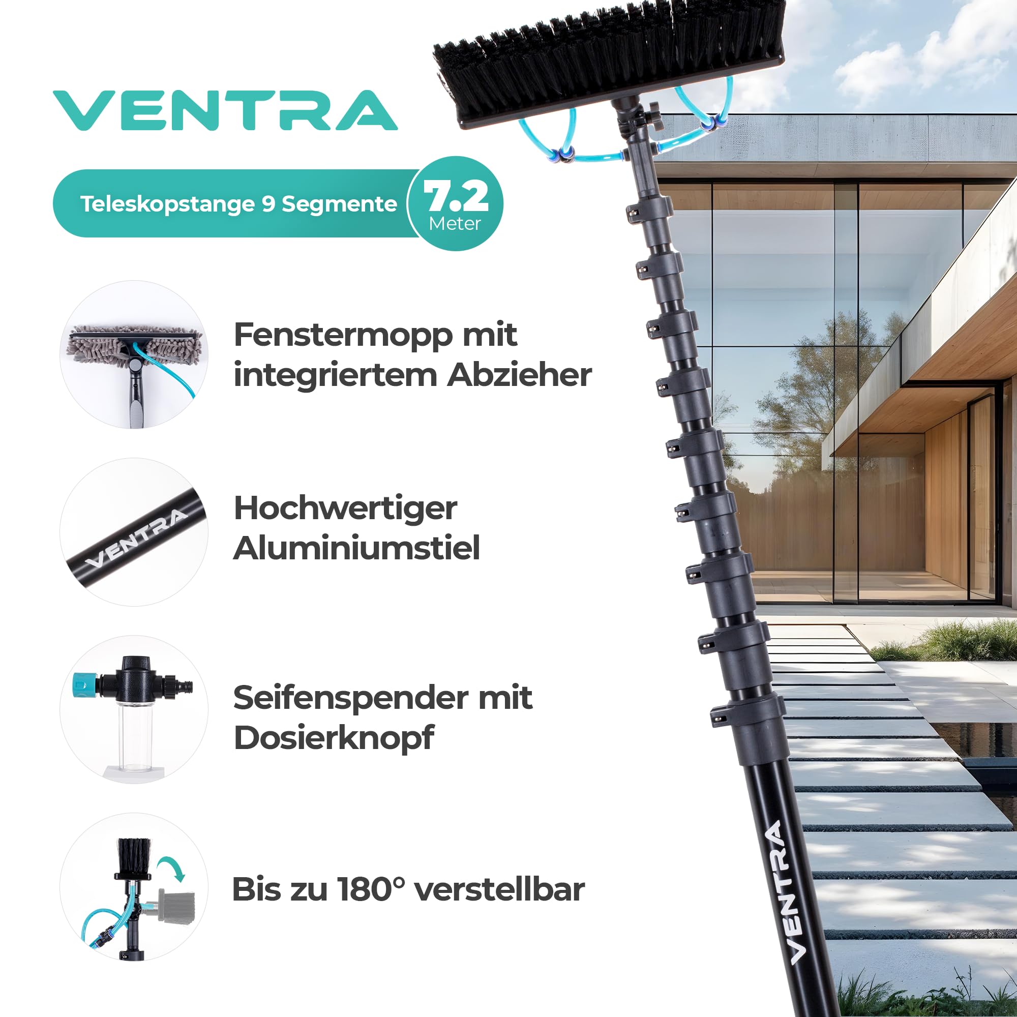 VENTRA Teleskop-Waschbürste 7,2M – Extra Große Bürste (34 cm) - 4 Wasserauslässe – Fensterheber & Staubwedel – Edelstahl Teleskopstiel – Inklusive Handschuhe & Mikrofasertuch