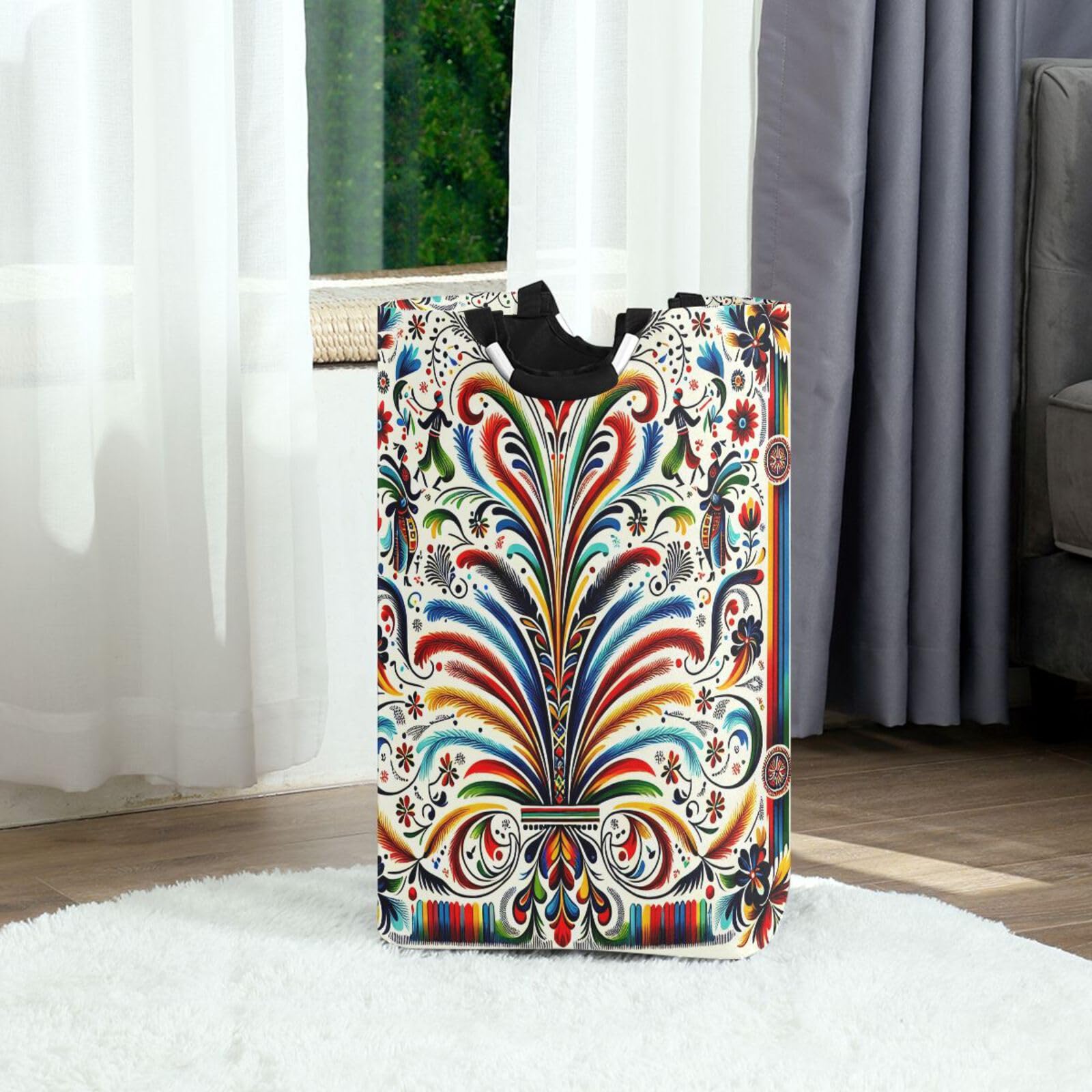 Jihqo Laundry Hamper Basket Ethnic Mexican Floral Collapsible Nursery Storage Bin Waterproof Clothing Baskets for Home Bedroom Bathroom Washing Room