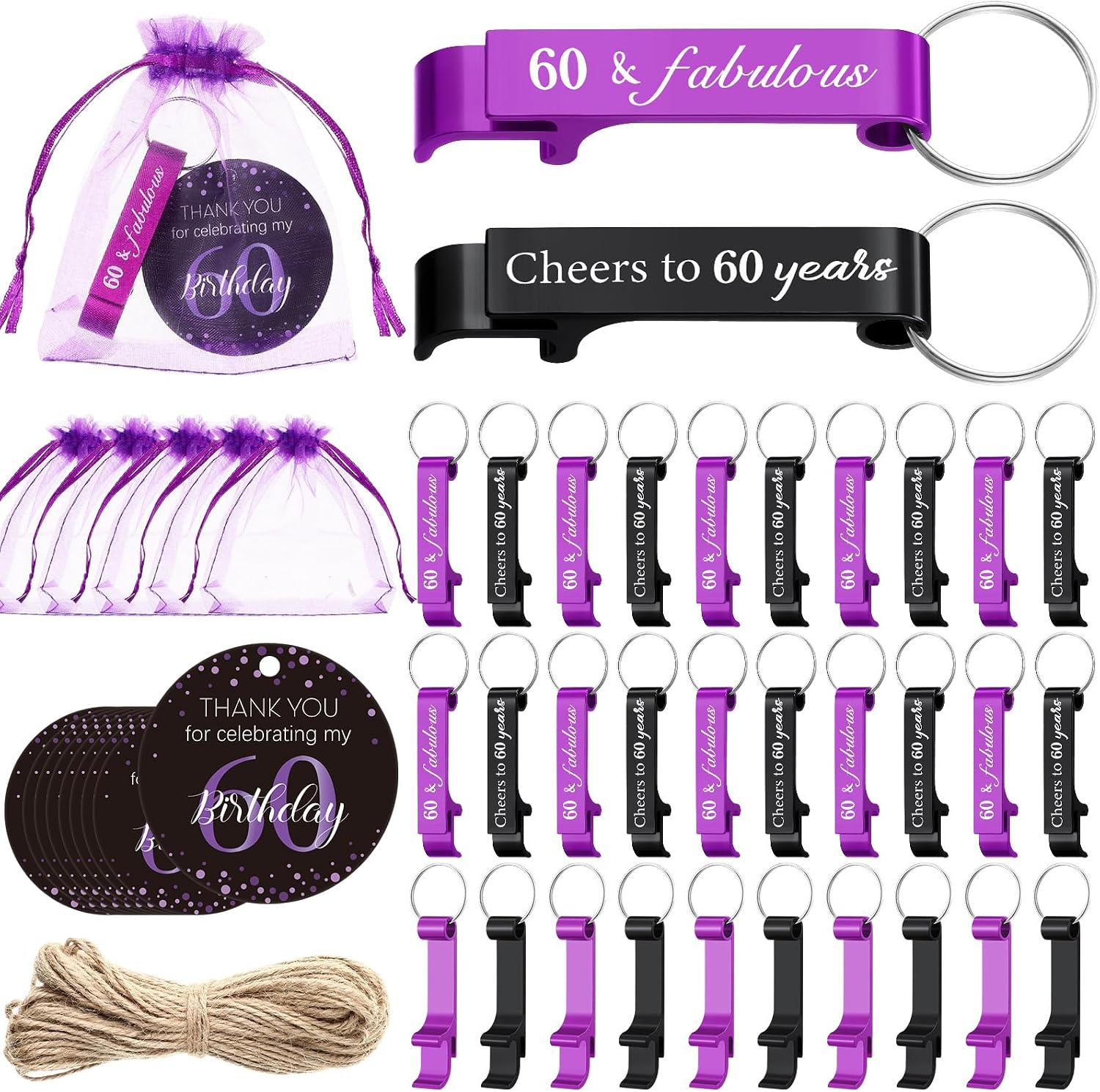 60 Sets Black Purple Birthday Party Favors 60th Birthday Beer Opener Keychain with Bags and Thank You Cards, Cheers to 60 Years Souvenirs for Guests Party Supplies(60th)