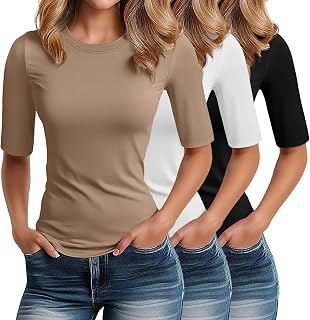 Riyiper 3 Pack Elbow Length Tee Shirts for Women 1/2 Half Sleeve Tops Crewneck Cotton Slim Fit Casual Summer Basic Tee