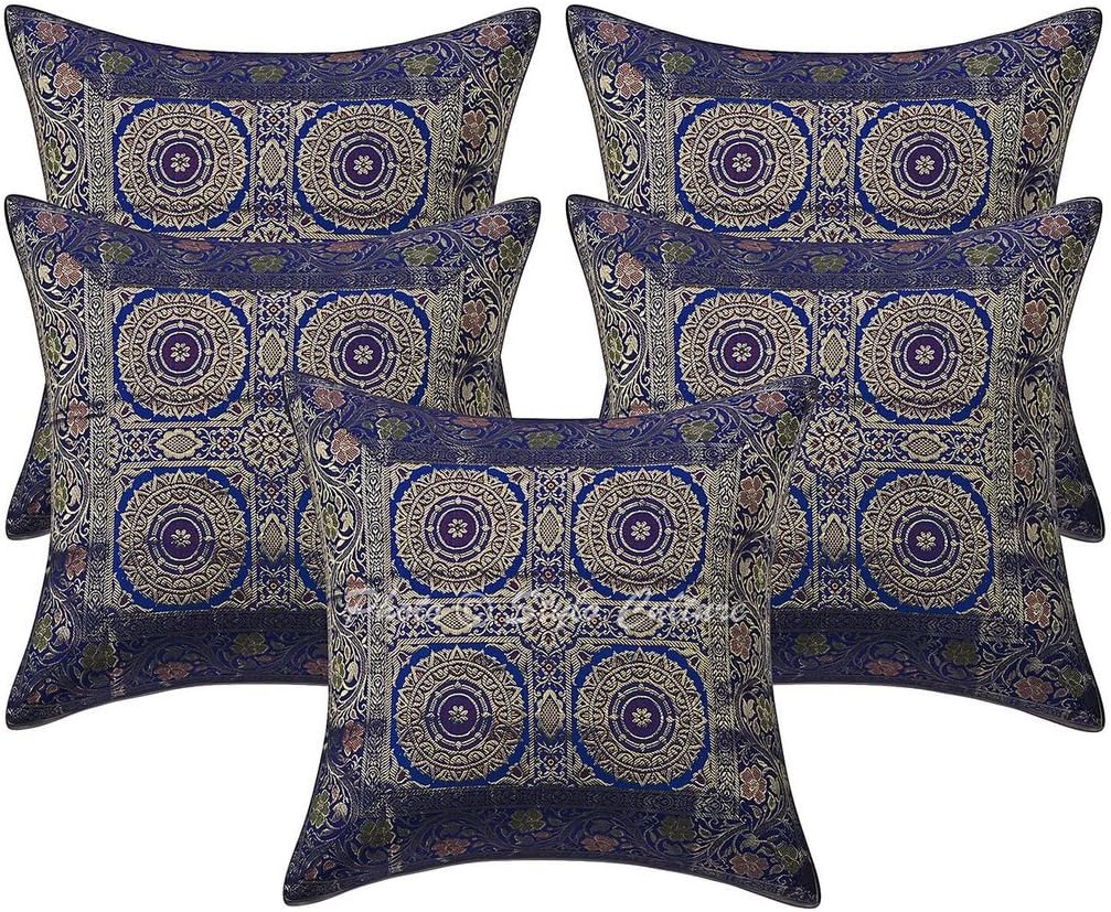 Ethnic Decorative Couch Sofa Toss Throw Pillow Cases 40x40 cm Brocade Hallway Decor Ink Blue Mandala Jacquard Square Luxury Zippered Bohemian 16x16 Inch Cushion Covers - 5 Pcs