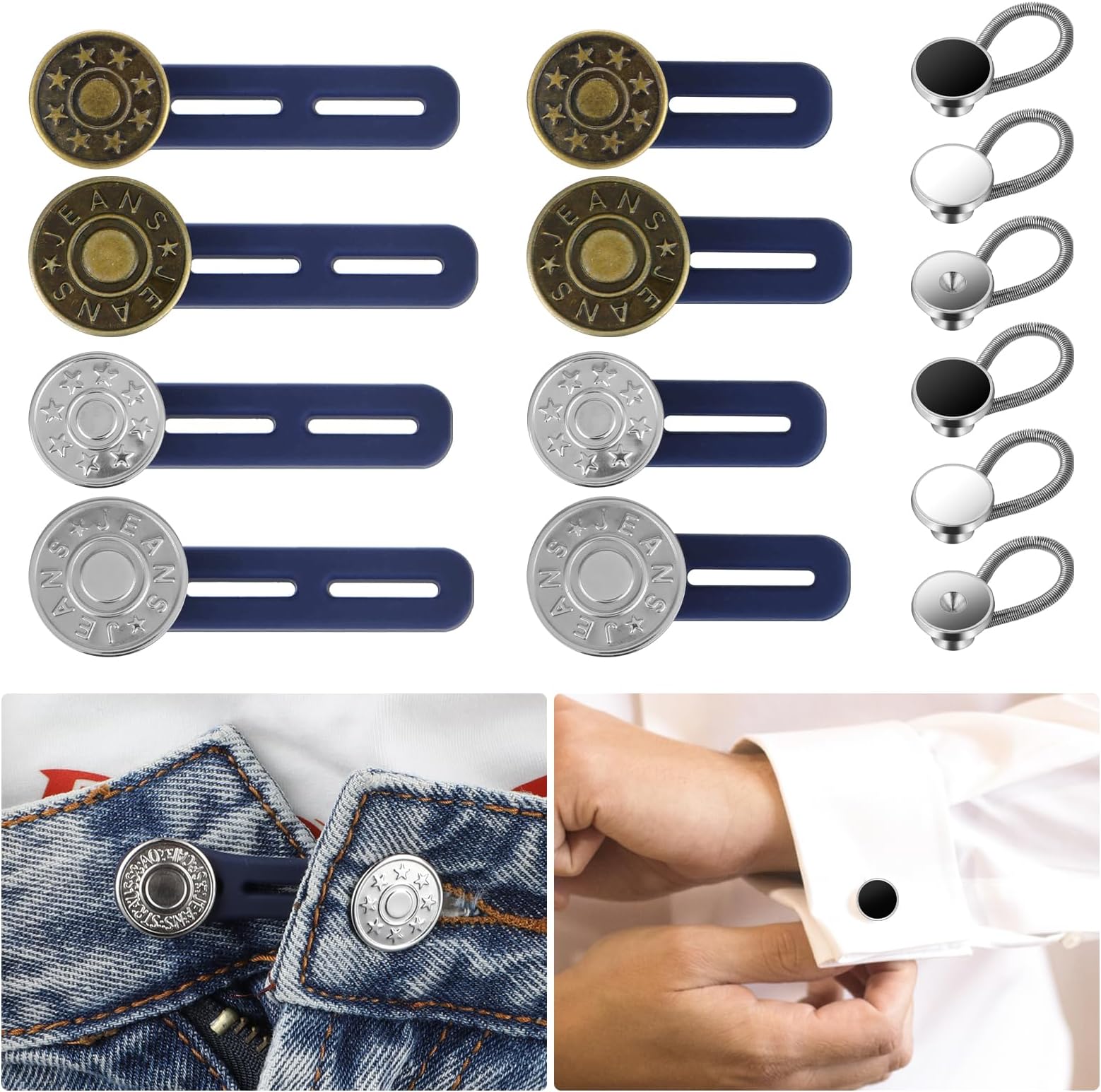 14PCS Jeans Button Extender Set - 8 Pcs Pants Waist Extender Button & 6 Pcs Collar Neck Extenders, No Sewing Extension Button for Women Men Pants Jeans Dress Shirts