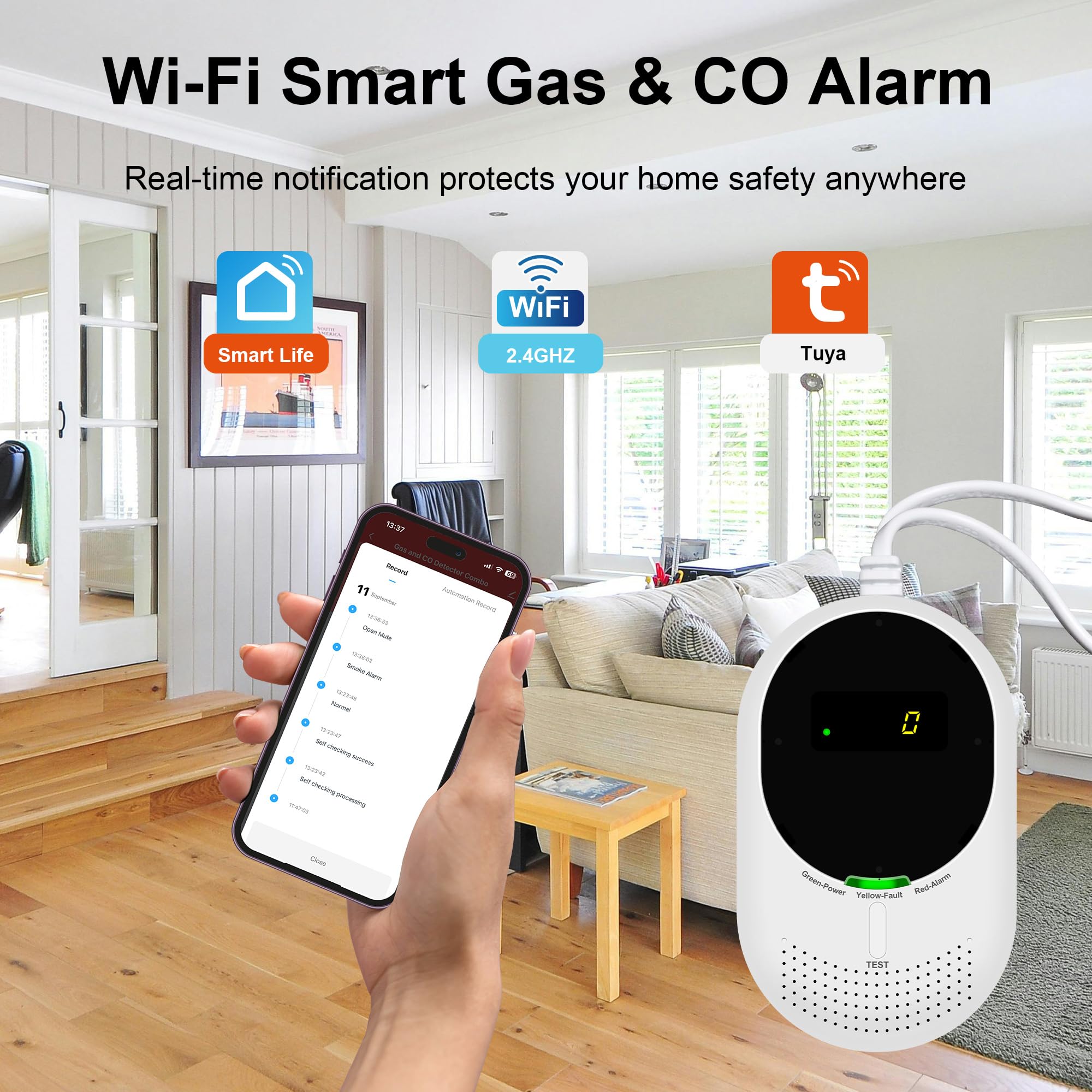 WiFi Detector de Gas y Monóxido de Carbono con Pantalla LCD, Monitoreo por App Smart Life, Certificado EN 50291 y EN 50194, Detector de Gas (Metano/Gas Natural y GLP) y CO, Pack de 1