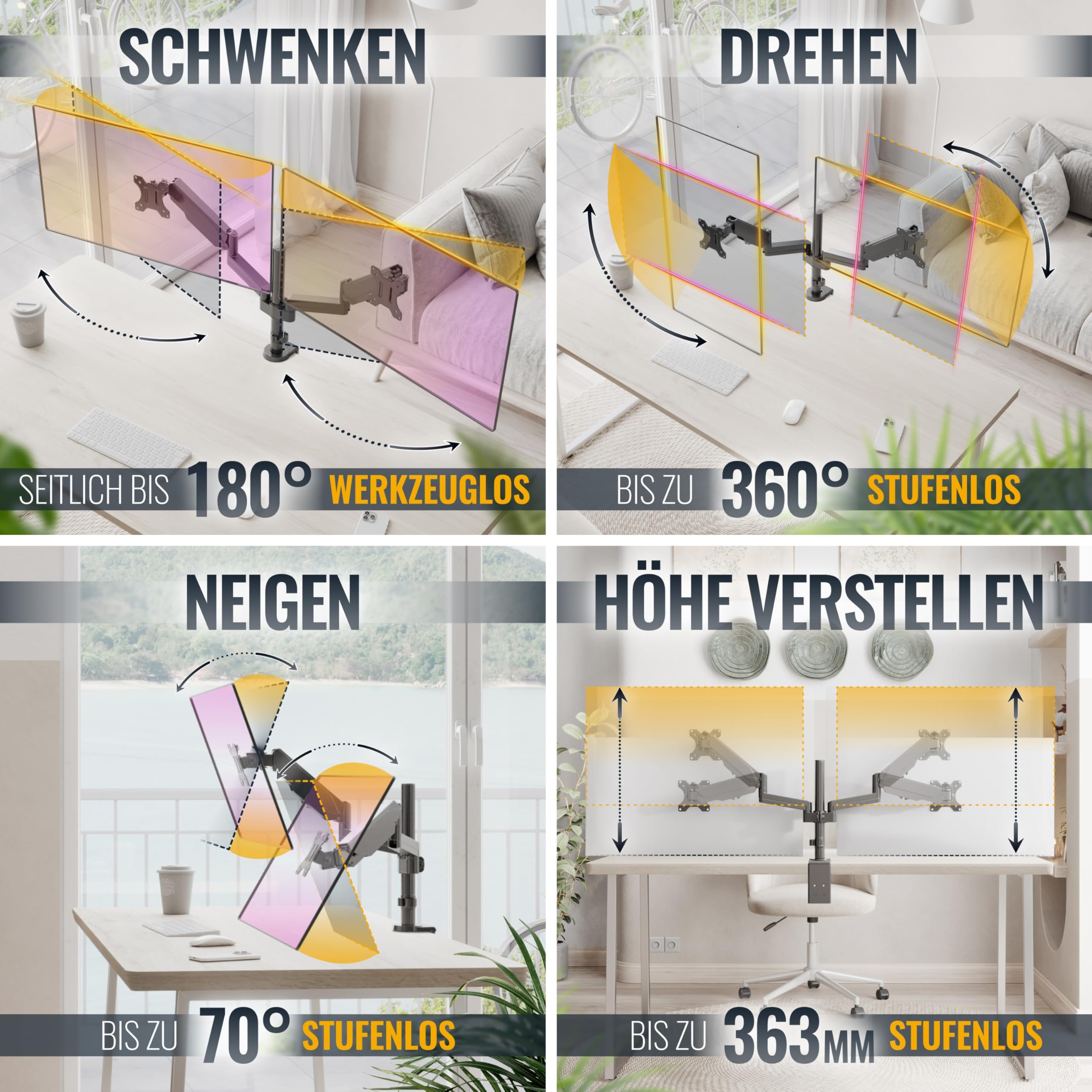 Ricoo Monitor Halterung 2 Monitore TS3911 Bildschirmhalterung Arme Dual Monitor Arm mit Gasdruckfeder für 13-32 Zoll Monitorhalter höhenverstellbar Bildschirm Halter VESA 75x75 100x100 – Bild 3