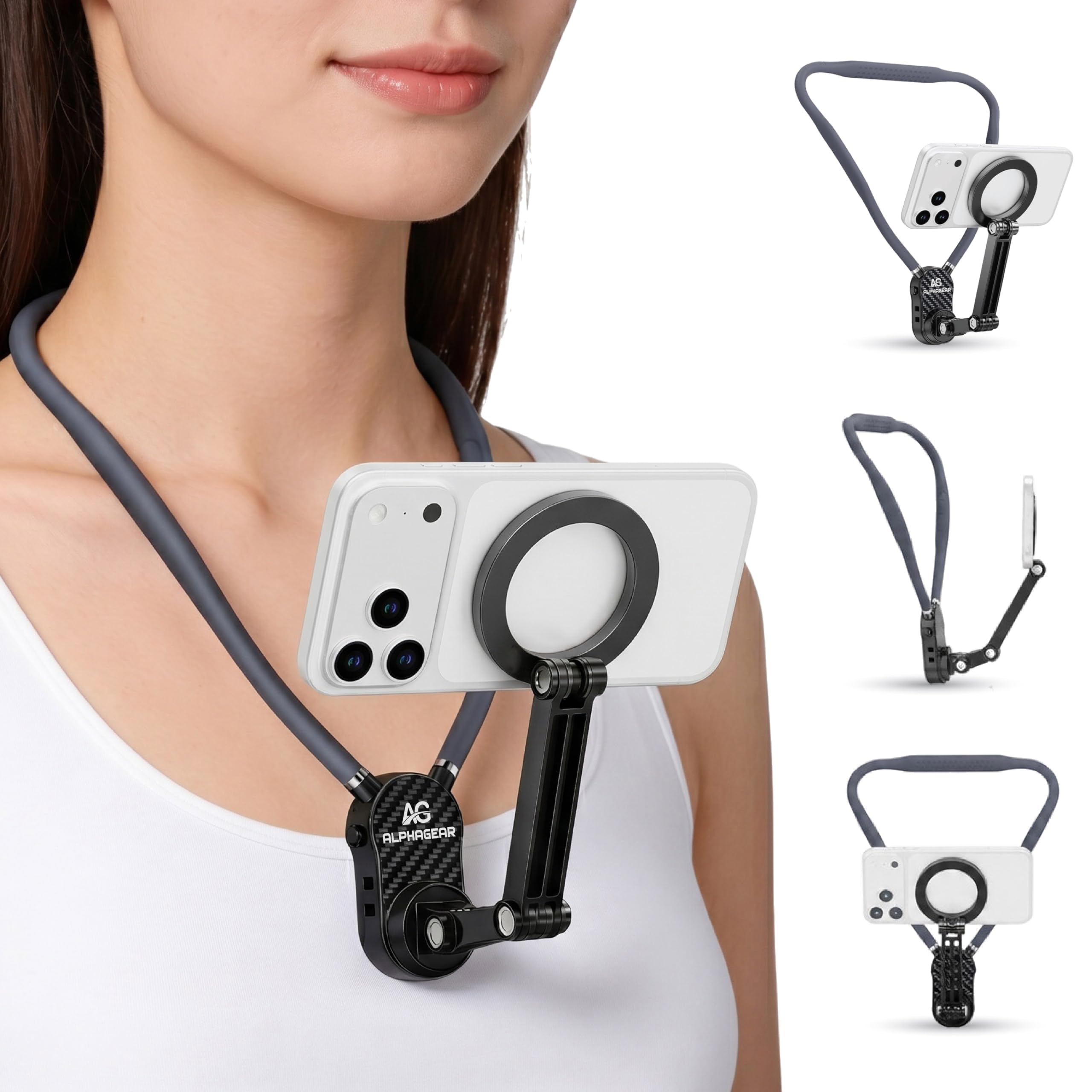 ALPHAGEAR Magnetic Neck Phone Holder for Video Recording, Hands-Free POV Vlog Mount, Magnetic Phone Neck & Chest Stand for Selfies, Content Creation & Live Streaming.-image-2