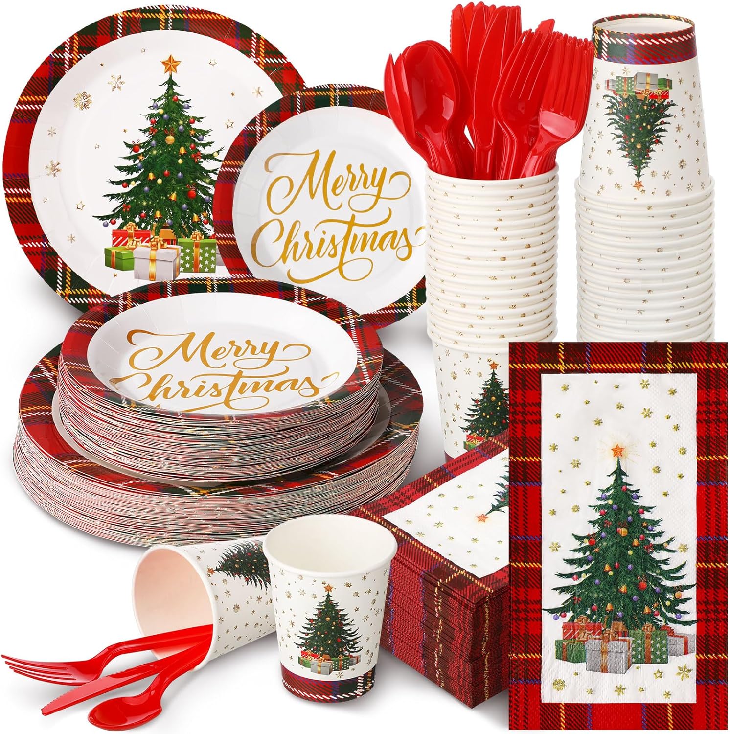 Sinmoe 400 Pcs Christmas Dinnerware Set Disposable Christmas Plates and Napkins Set Serve 50 Winter Xmas Paper Dinner Plates Napkins Cup Xmas Party Supplies for Holiday(Black,red,Tree, Plaid) Black,red Tree, Plaid
