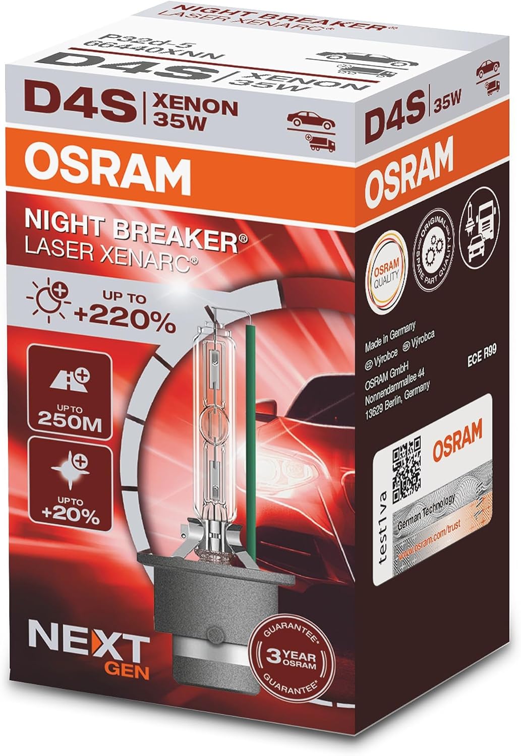 OSRAM XENARC NIGHT BREAKER LASER D4S, Next Generation, 220% more brightness, HID xenon bulb, 66440XNN, folding box (1 lamp), white