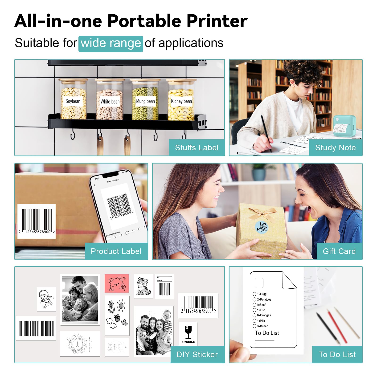 Mini papel adhesivo para impresora, 8 rollos de 53 x 28 mm, etiqueta térmica continua para etiquetadora portátil INVISEN (etiqueta autoadhesiva blanca para notas de estudio, imágenes