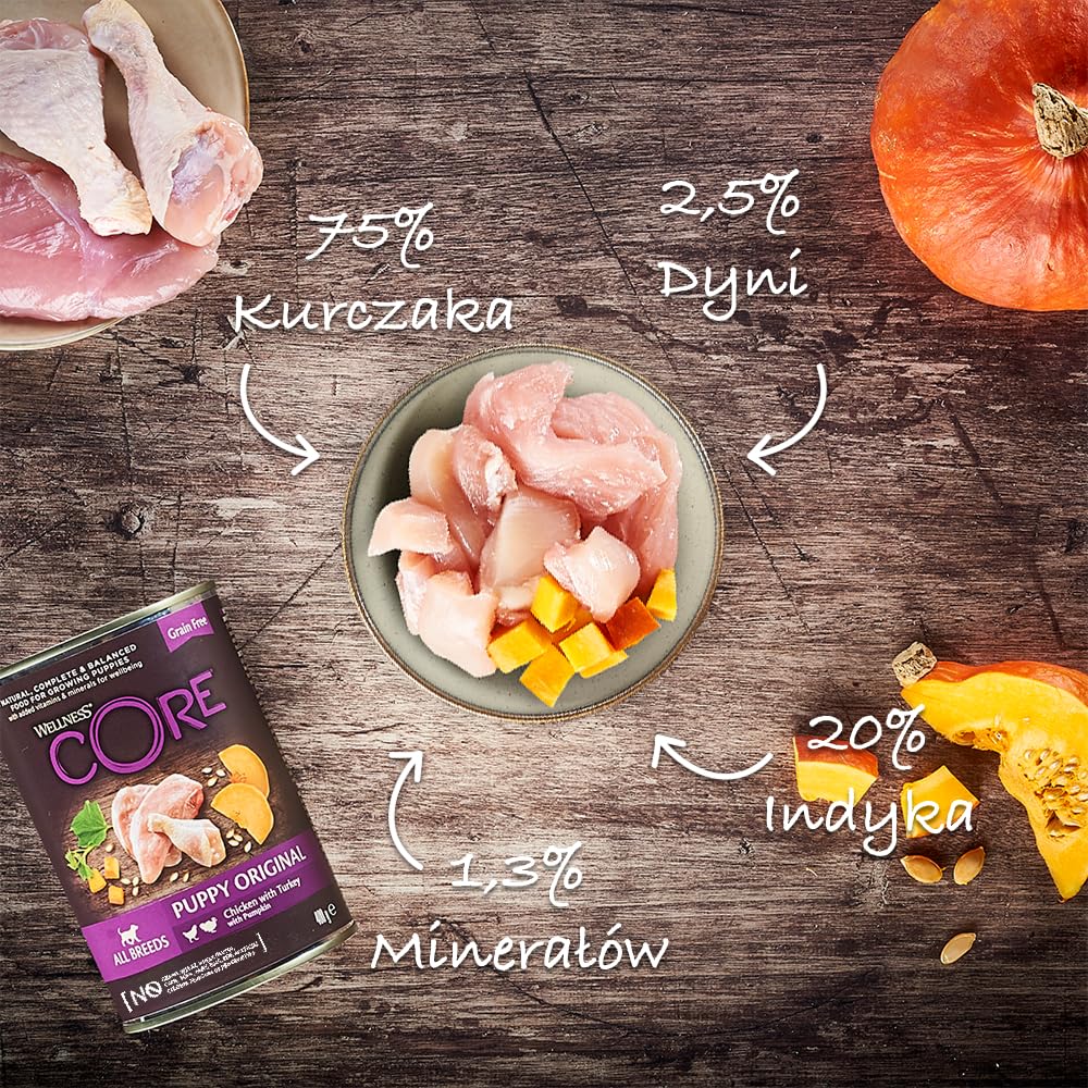Wellness CORE 95% 6 x 400g, Kurczak i Indyk – Mokra Karma, Pasztet typu Chunky dla Szczeniąt, Bezzbożowa, Naturalna, Hipoalergiczna, Bogata w Białko, o Wysokiej Zawartości Mięsa