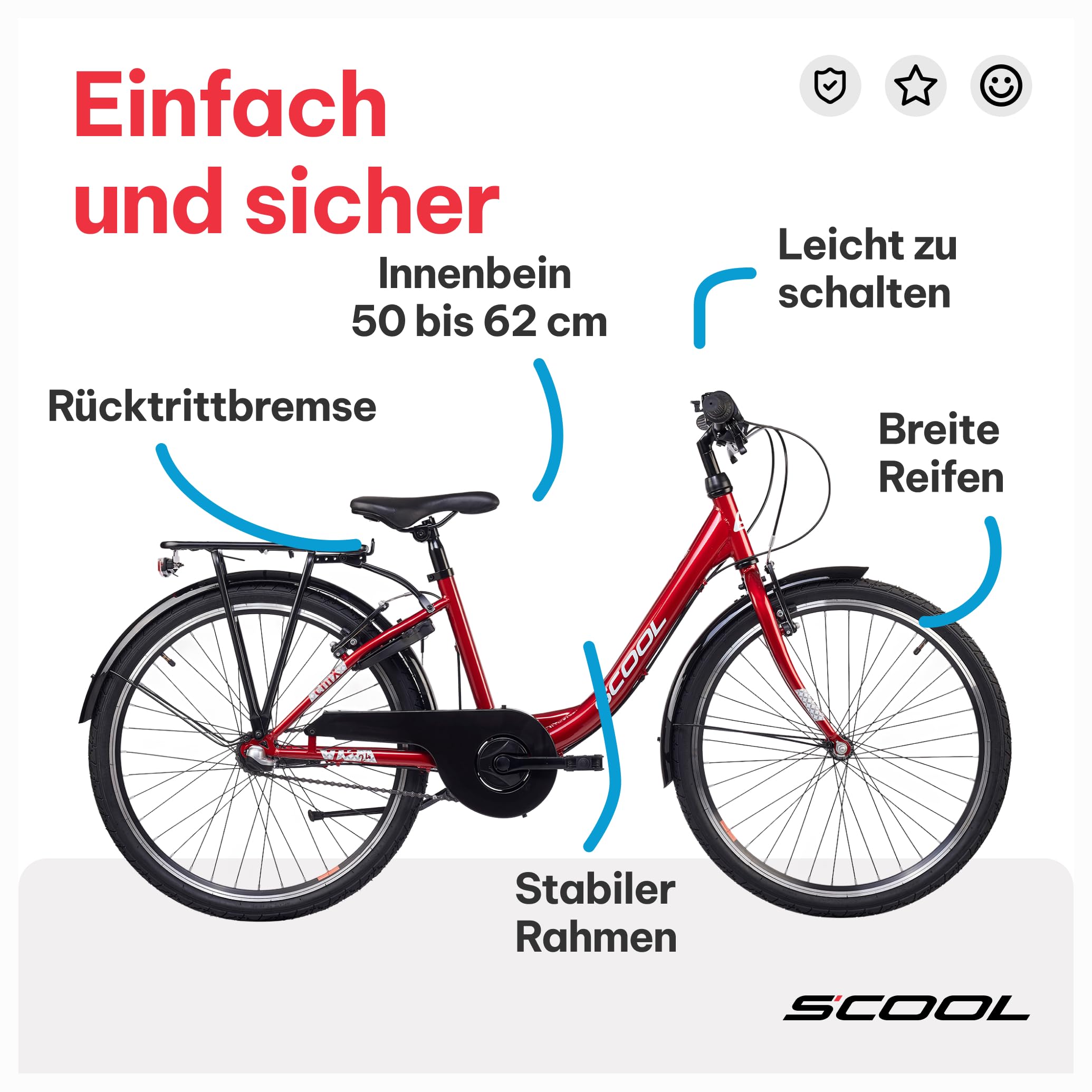 S’COOL Kinderfahrrad 20, 24, 26 Zoll, 3-Gang Nabenschaltung mit Rücktrittbremse, Chix, Körpergröße 115–165 cm, 6–14 Jahre, sicher für Schulweg, für Jungen & Mädchen