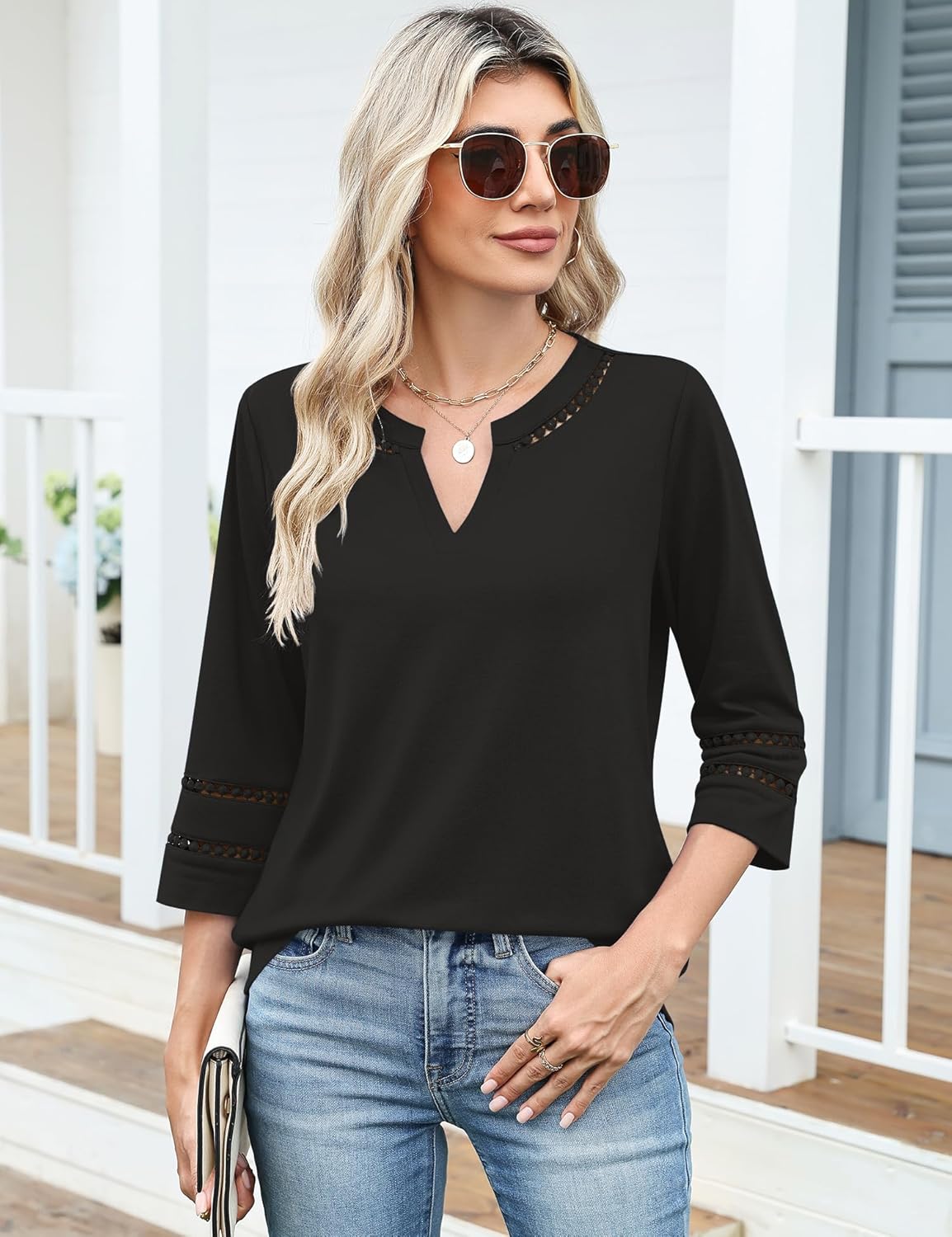 Ivicoer 3/4 Length Sleeve Womens Tops V Neck Lace Embroidered Summer Blouses Loose Fit Tunic Dressy Casual - Image 3