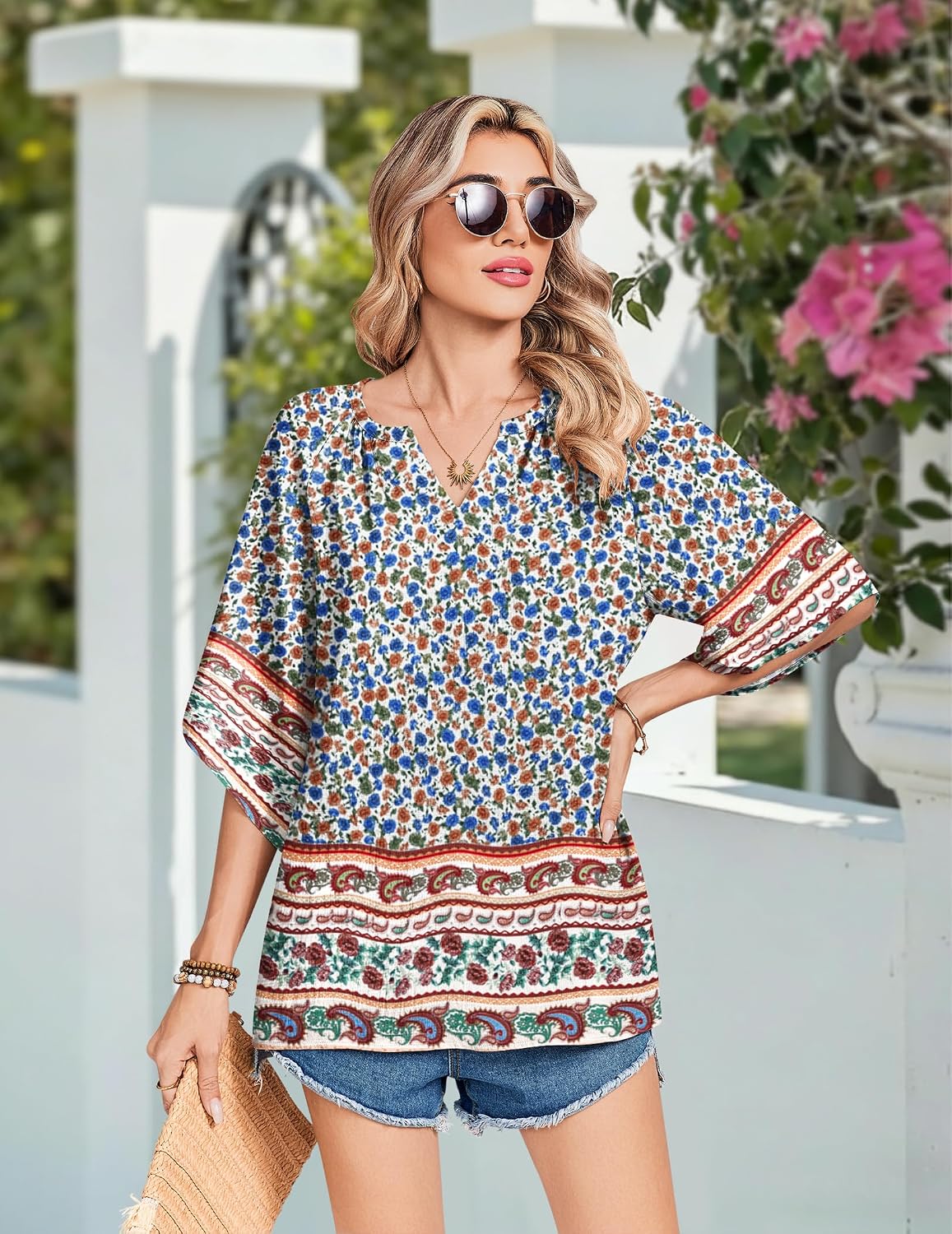 Zeagoo Womens Tops 3/4 Sleeve V Neck Bohemian Blouses Casual Tunic image 3