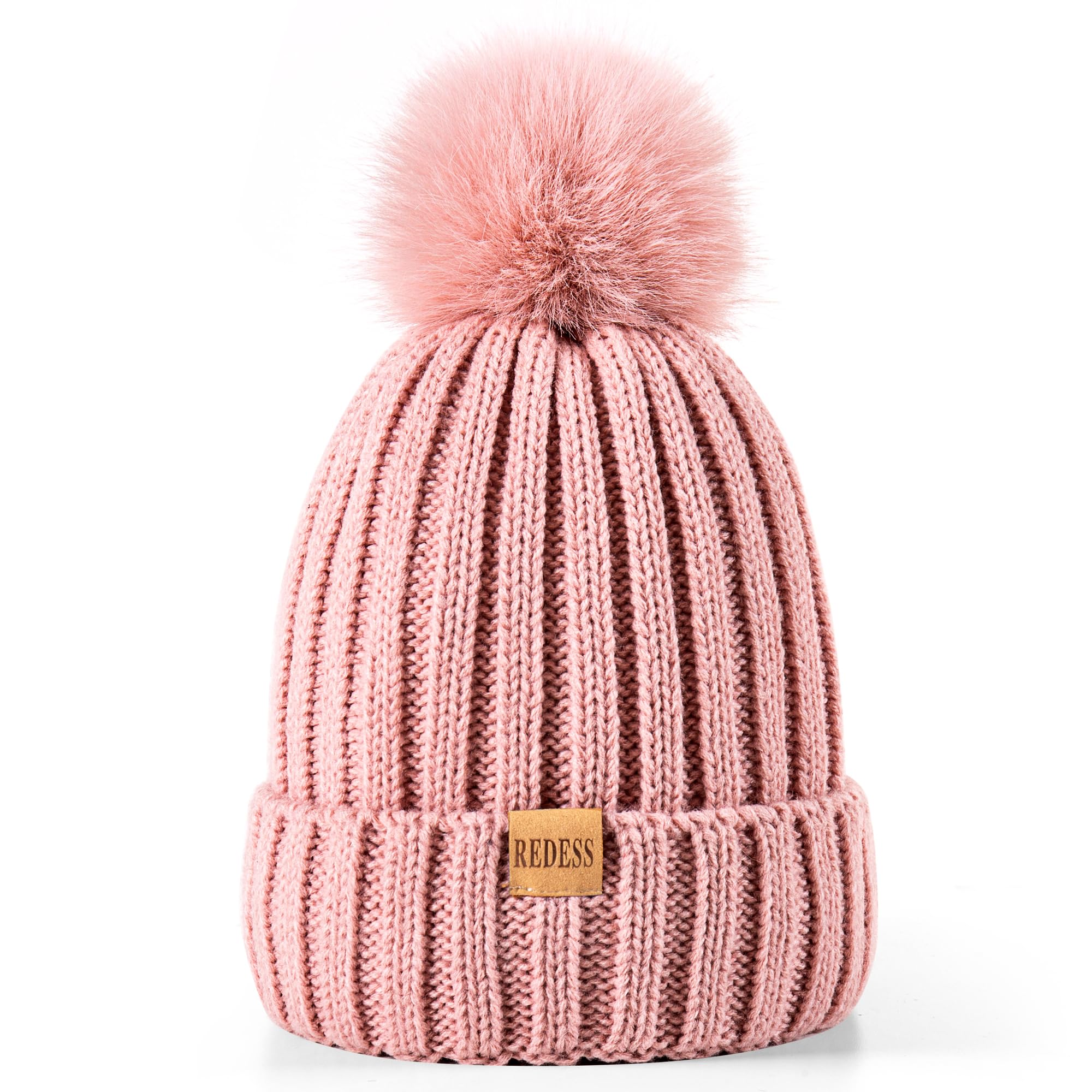 REDESS Womens Winter Knitted Beanie Hat Warm Fleece Lined with Pompom Cap Thick Slouchy Snow Knit Skull Cap