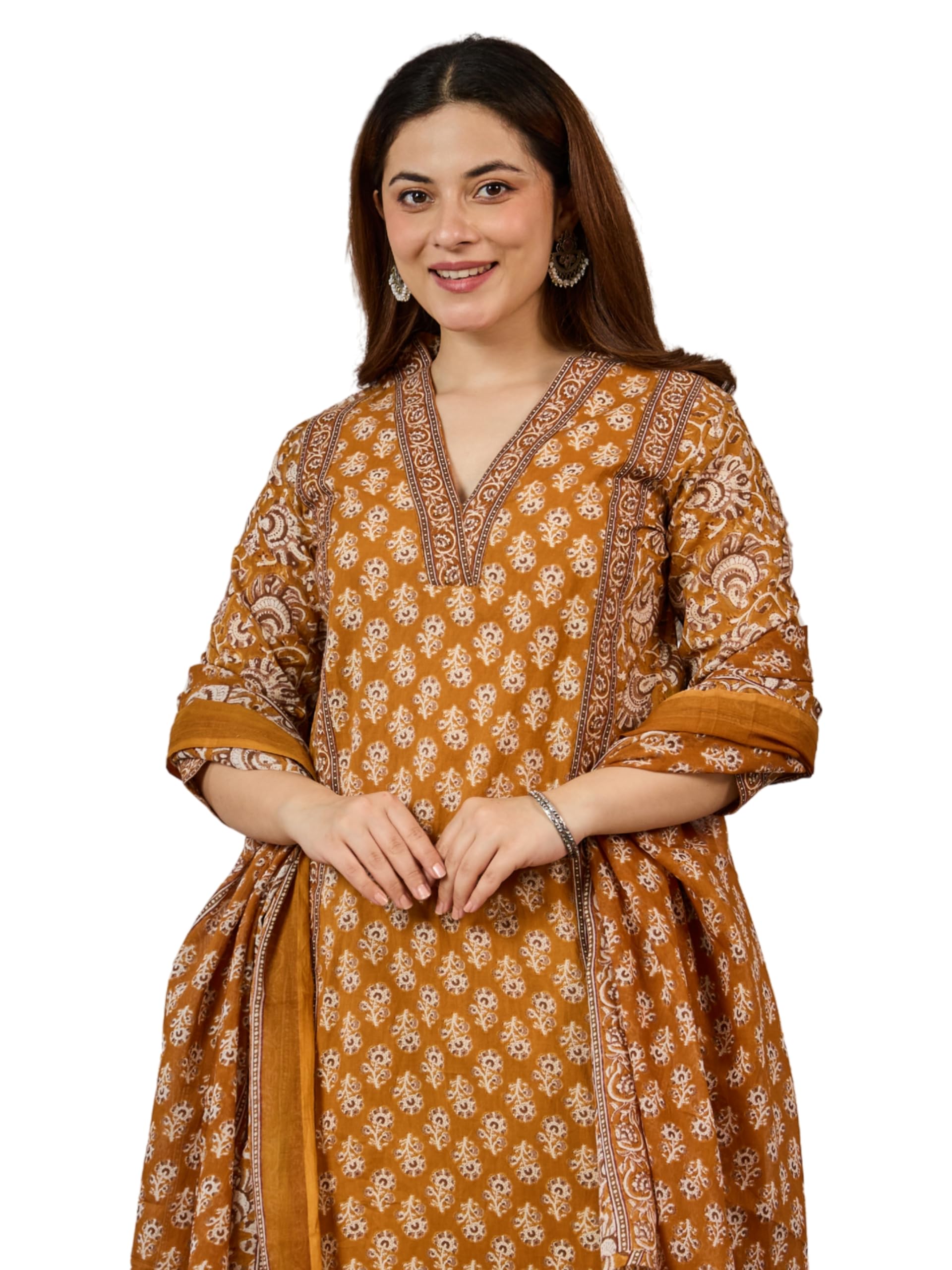 Arayna Women’s Cotton Printed Kurta Set with Pants & Dupatta | Elegant Ethnic Wear for Women | Floral Print | Comfortable Suit Set