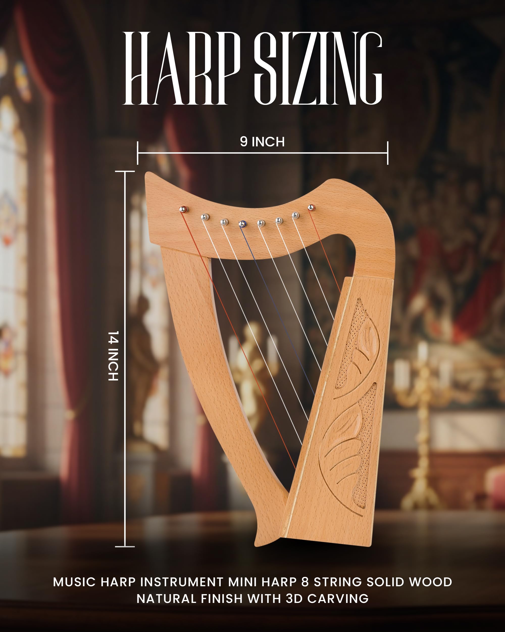 Mini Keltische Harfe 8-saitig | Massives Buchenholz Handgefertigte Folk Harfe mit 3D-Schnitzerei & natürlichem Finish - Tragbares keltisches Instrument für Anfänger & Profis