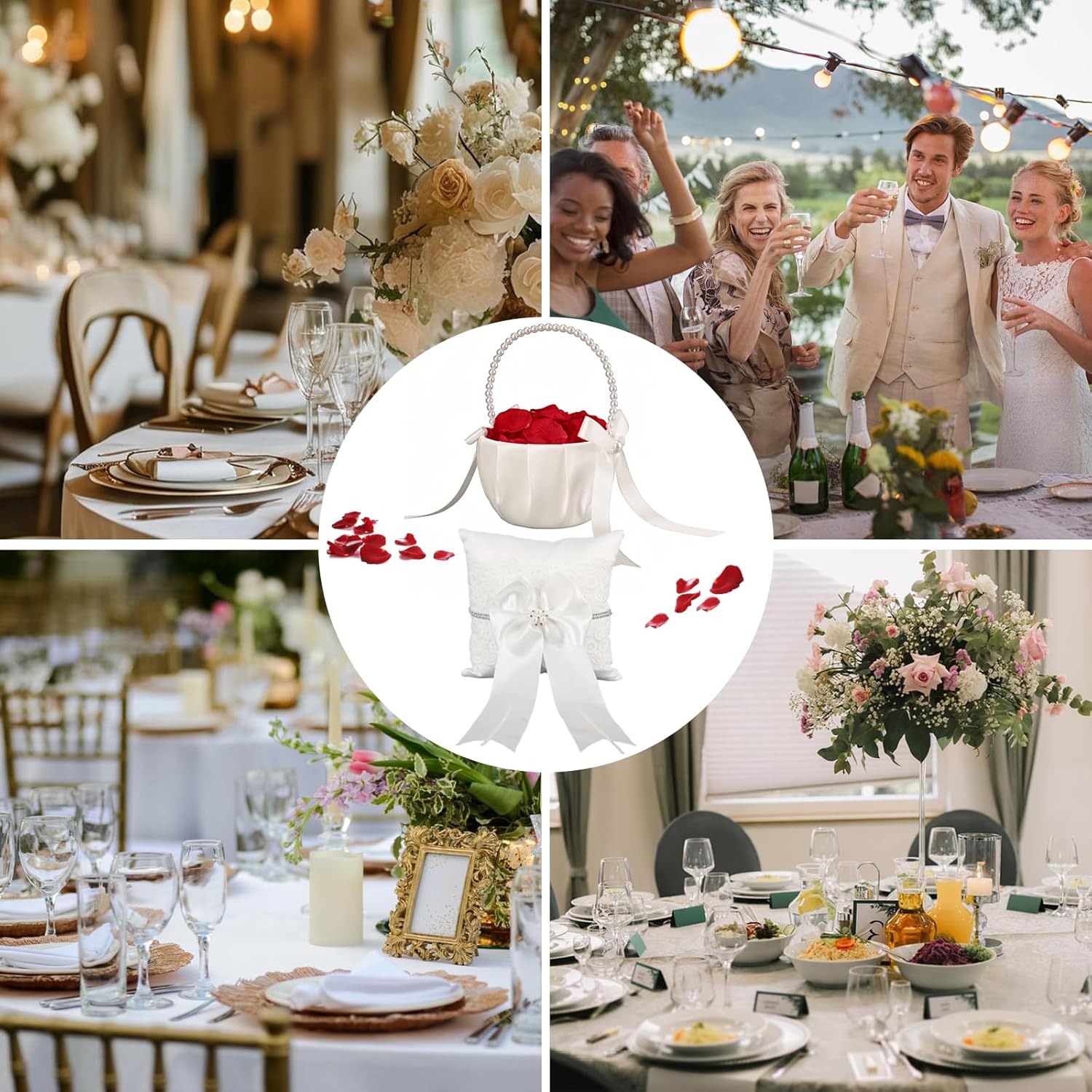 2 Flower Girl Baskets and Ring Bearer Pillows Set, Pearl Handle White Satin Bowknot Flower Baskets, Wedding Ring Pillow,Ivory Wedding Baskets for Flower Girls Wedding Decor