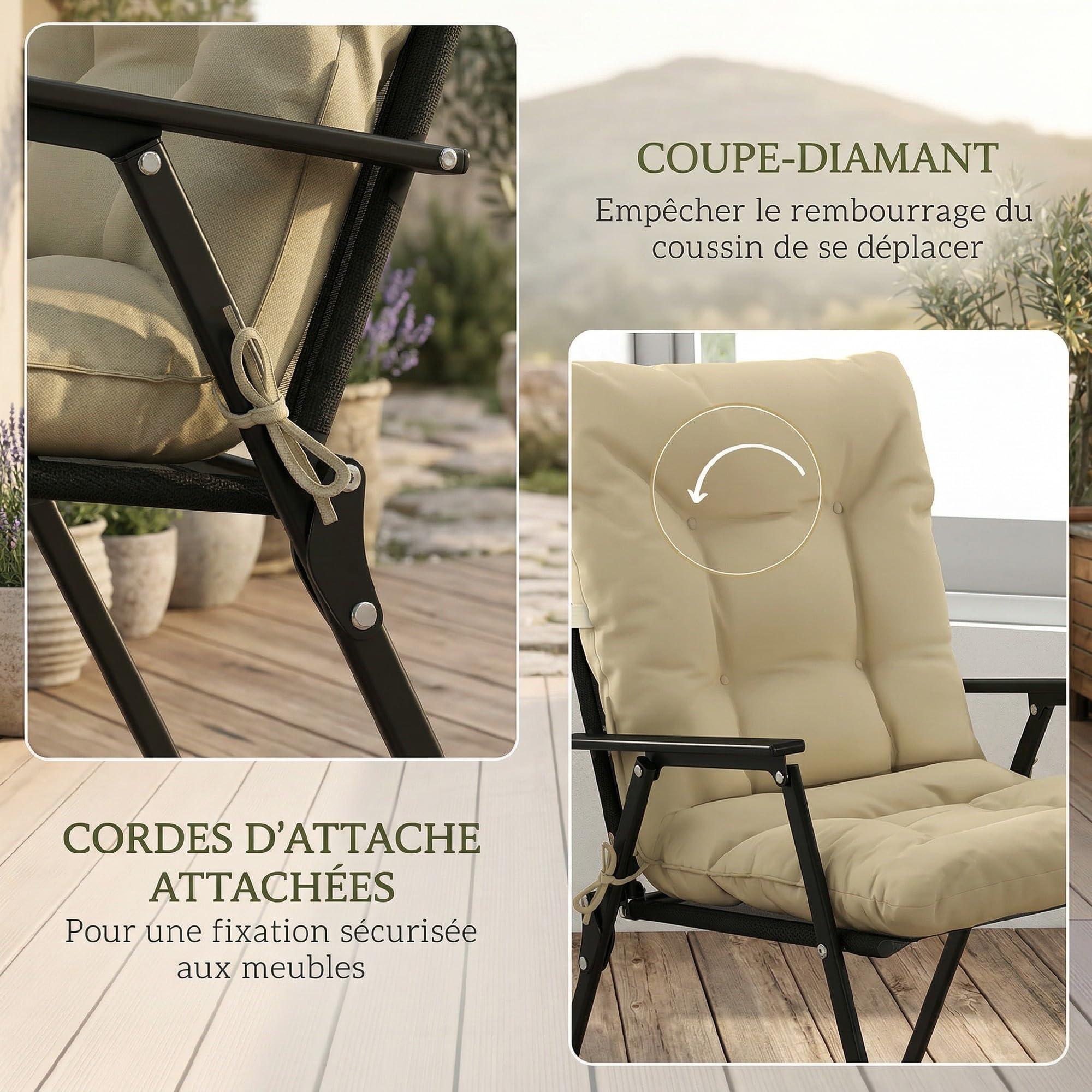 Outsunny Lot de 2 Coussins de Chaise d'extérieur 120 x 50 x 8 cm Beige