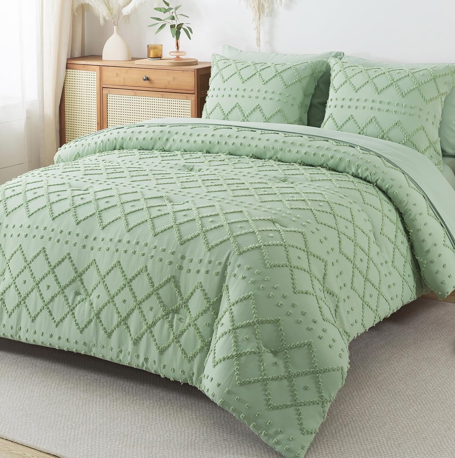 HYLEORY King Comforters Set with Sheets Sage Green - 7 Pieces Bed in a Bag Queen Chevron Tufted Complete Beddding Sets with Comforter, Sheets, Pillowcases & Shams Sage Green King