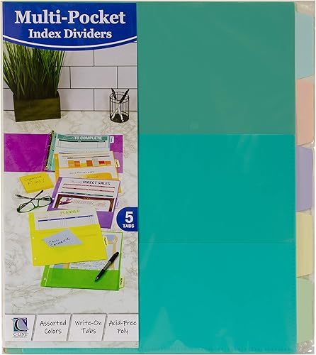 Miniatura 3 de C-Line Divisores de índice brillantes con 5 pestañas y múltiples bolsillos (paquete de 2)