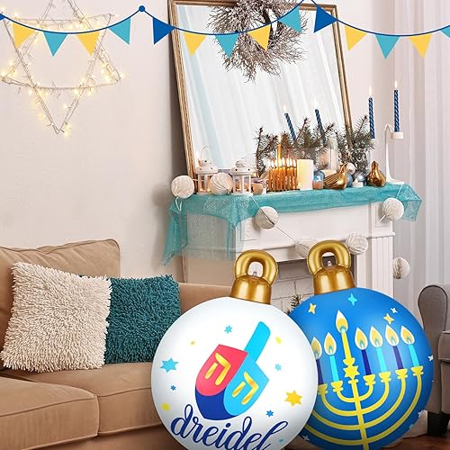 Miniatura 4 de Jetec 4 bolas inflables grandes de PVC de Hanukkah de 24 pulgadas, adornos de menorá judía blanca y azul, decoración inflable para decoración
