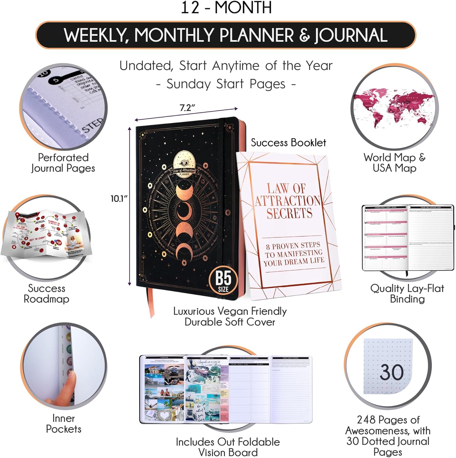 Deluxe Weekly and Monthly Planner | Law of Attraction Planner with Productivity App | 12-Month for Productivity, Gratitude & Goal Setting | Includes Foldable Vision Board, Gift Box & Stickers
