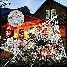 200" Halloween Spider Web with 59" Giant Spider 20 Small Spiders and Bouncy Spider Webs Decoration Triangular Large Spider Web for Outdoor Halloween Decorating Yard Parties